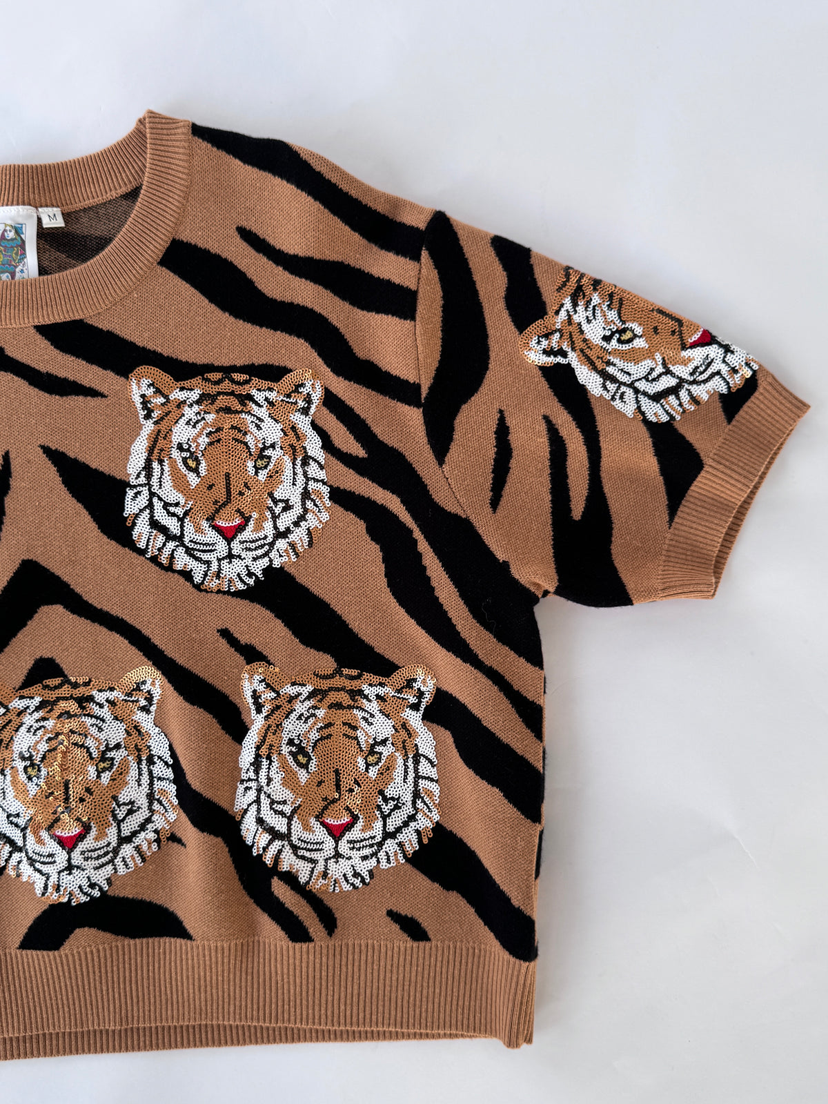 QOS Tiger Stripe Short Sleeve Sweater
