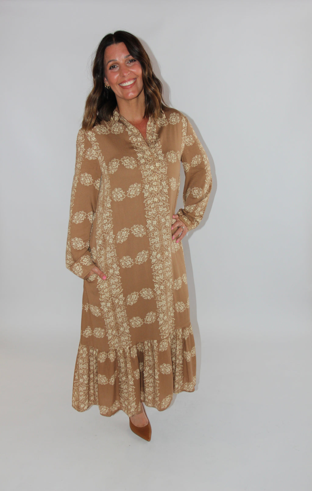 Hyacinth House Tan Floral Miller Maxi Shirt Dress
