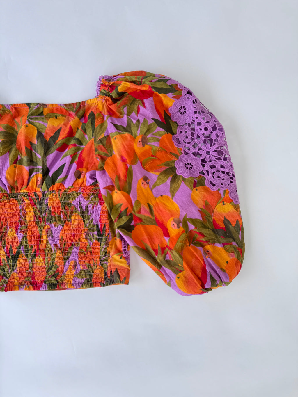 Farm Rio Mango Macaws Smocked Puff-Sleeve Blouse