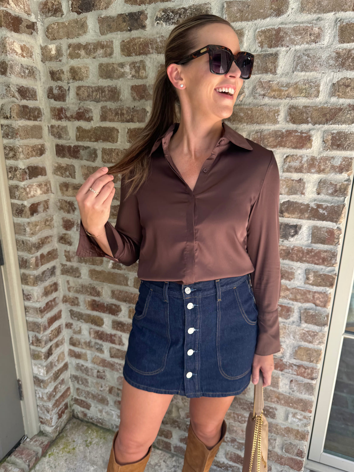 Chocolate Brown Satin Button Down
