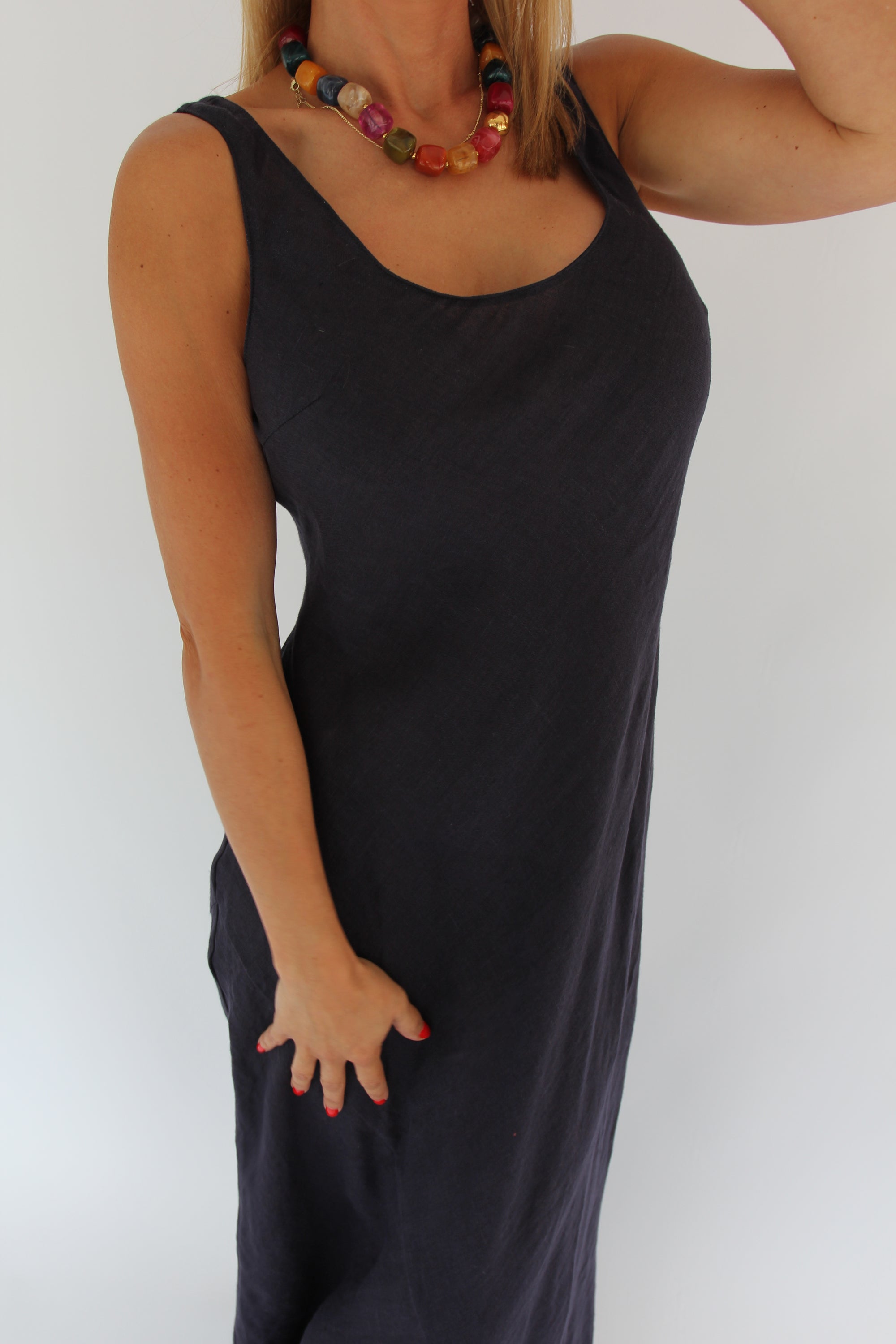 Navy Scoop Neck Linen Maxi Dress