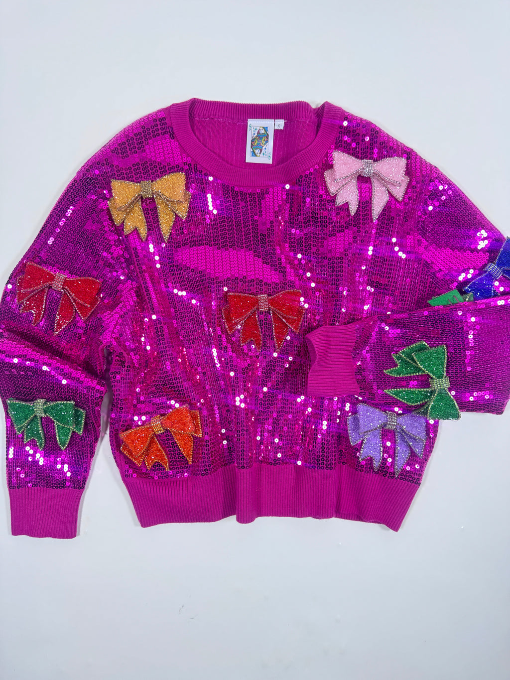 QOS Hot Pink Sequin Bow Sweatshirt