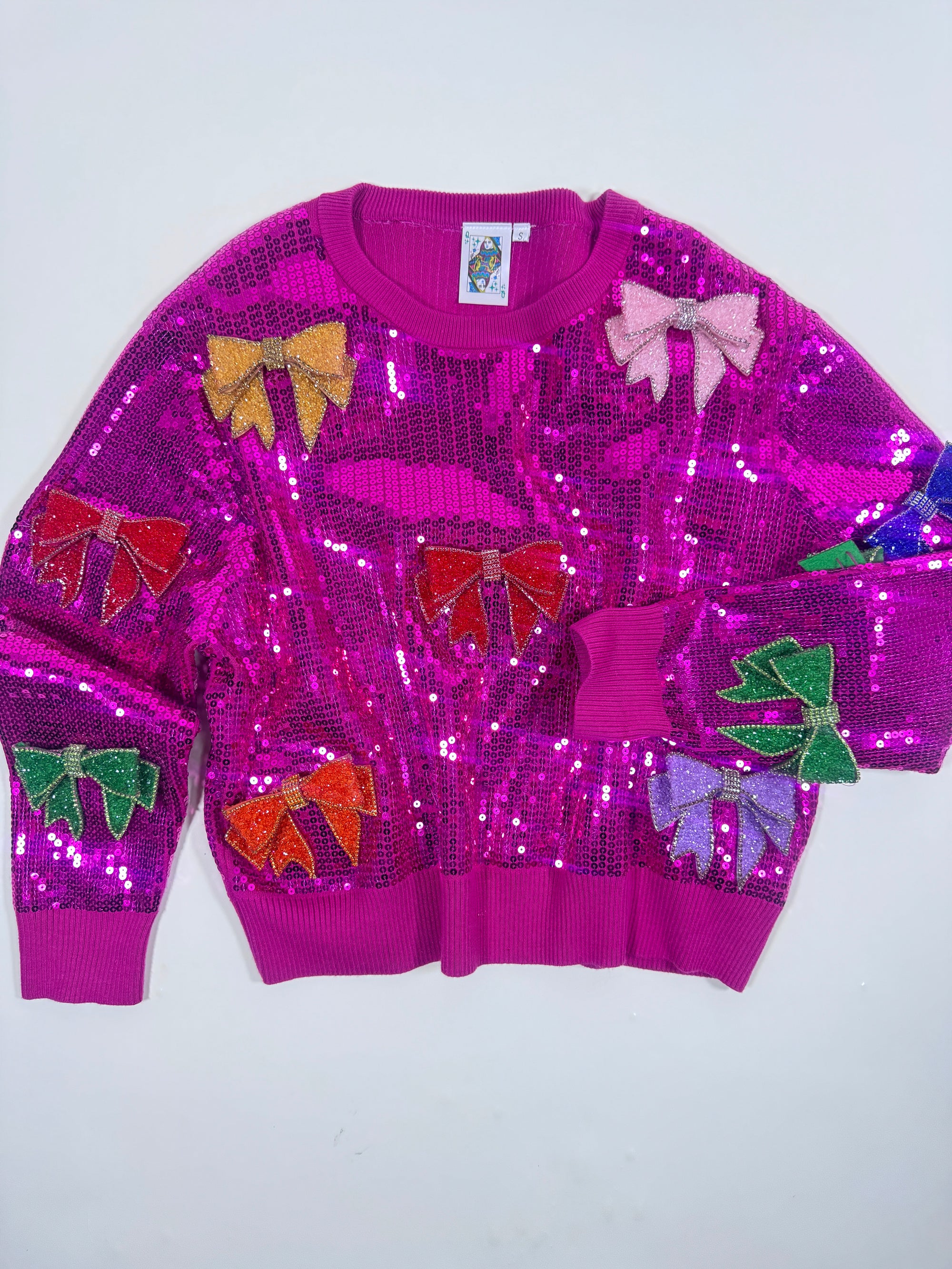 QOS Hot Pink Sequin Bow Sweatshirt