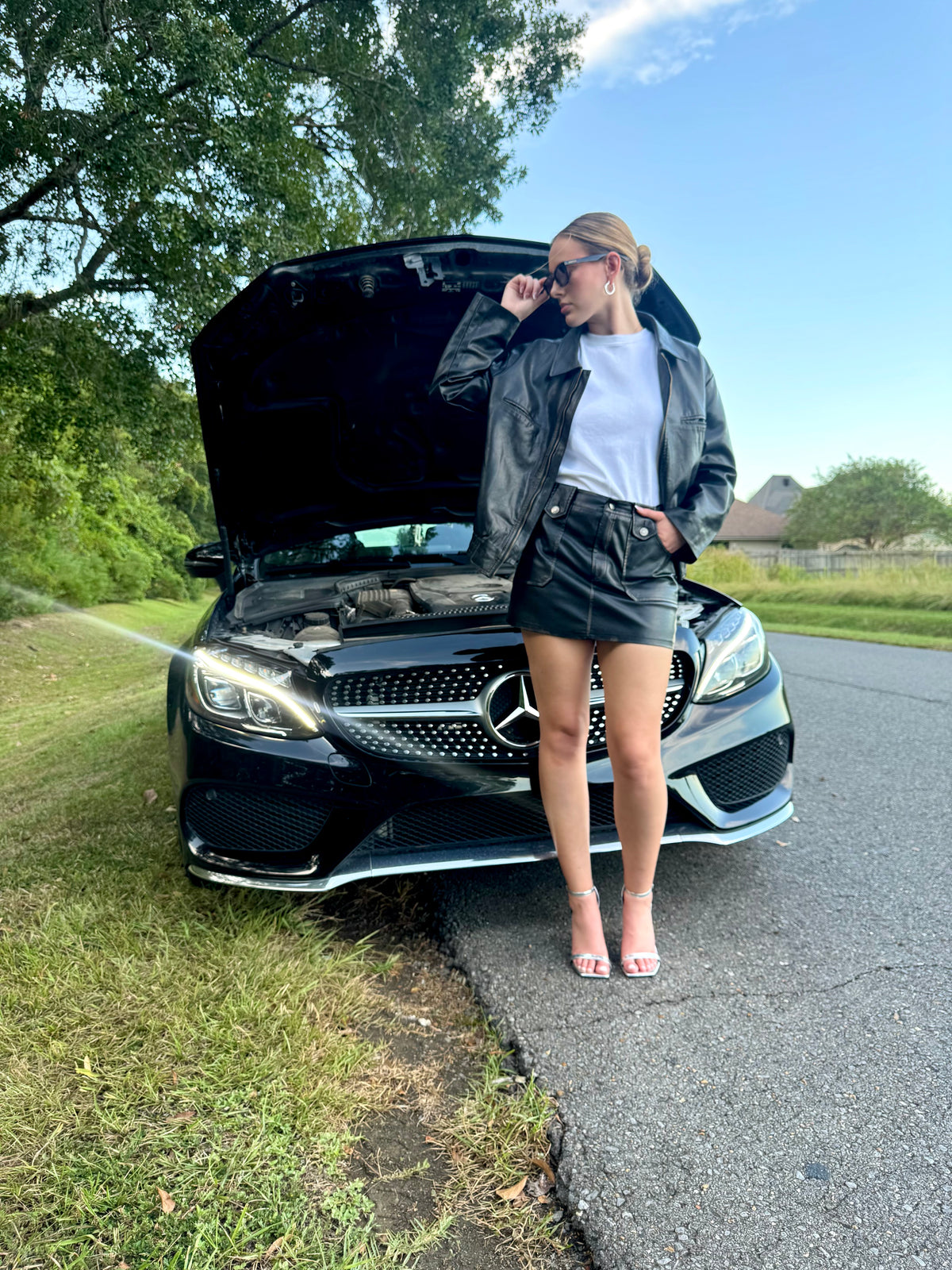 Patch Pocket Black Leather Mini Skirt