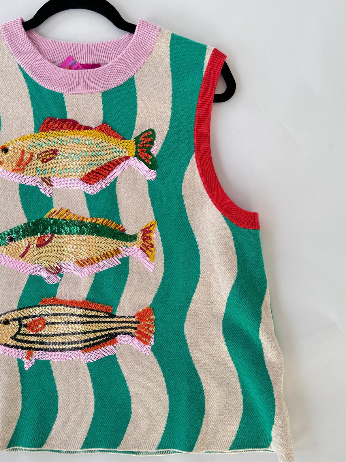 QOS Teal Multi Trim Fish Knit Tank