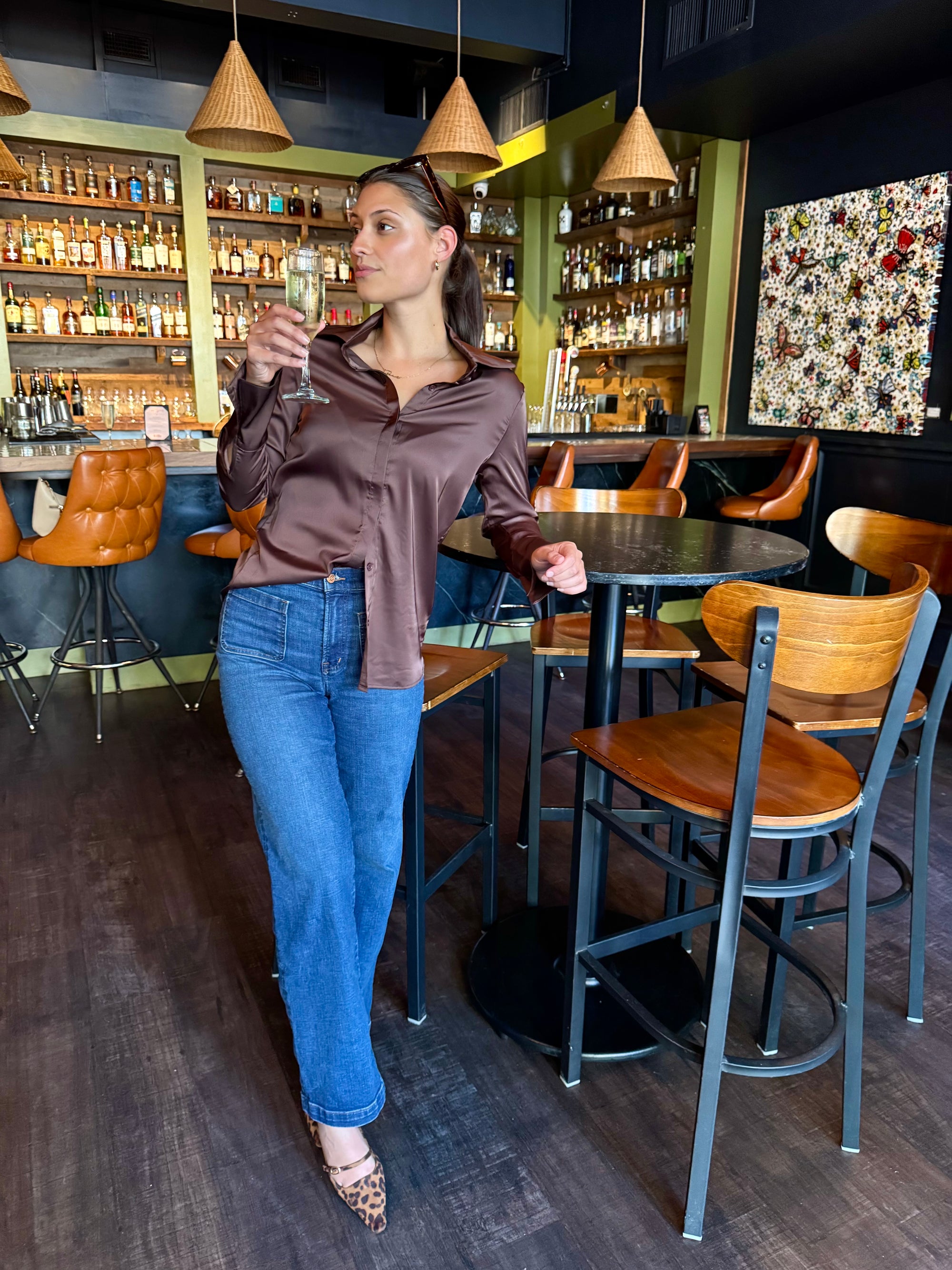 Chocolate Brown Satin Button Down