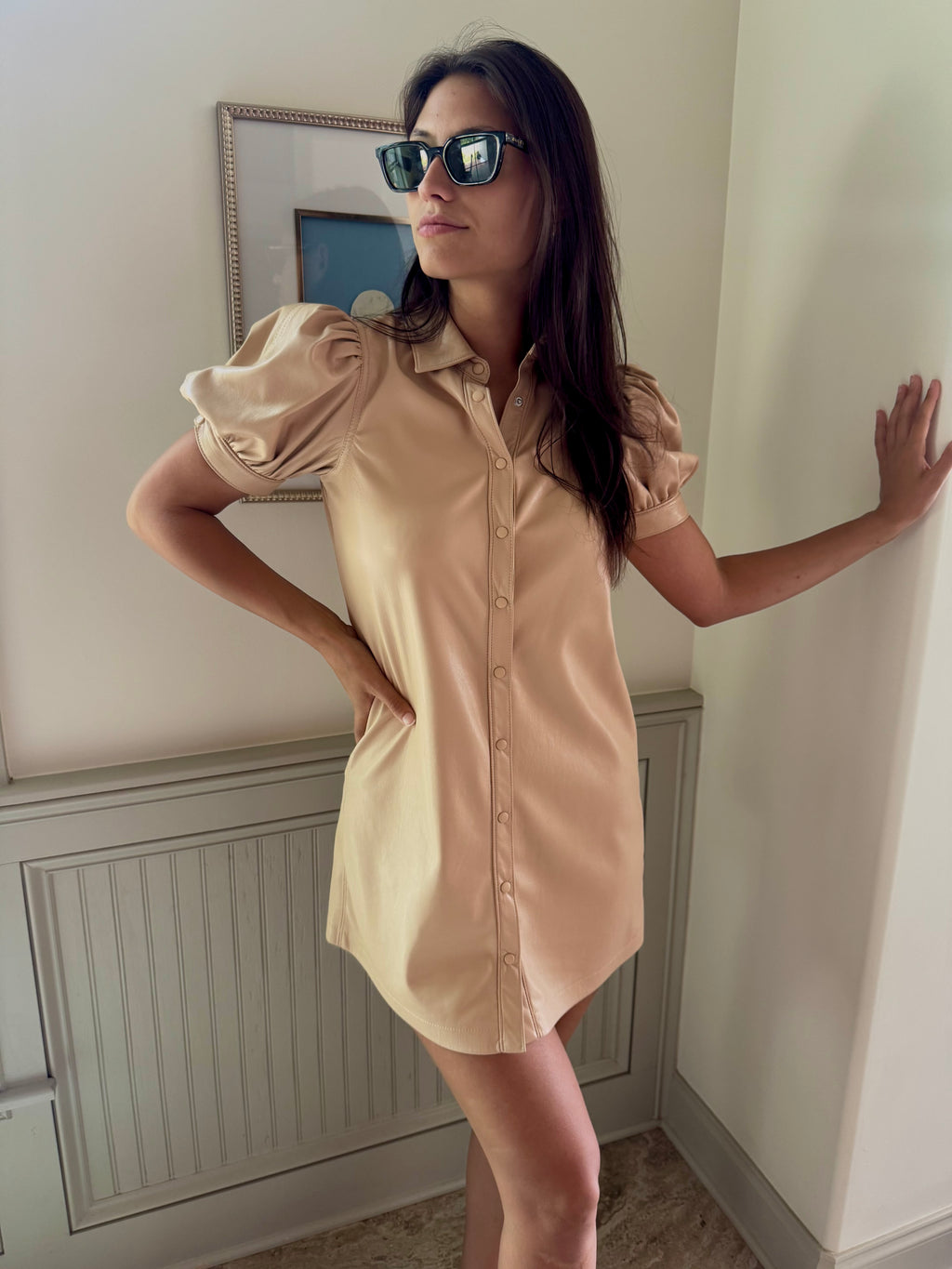 Puff sleeve vegan leather dress