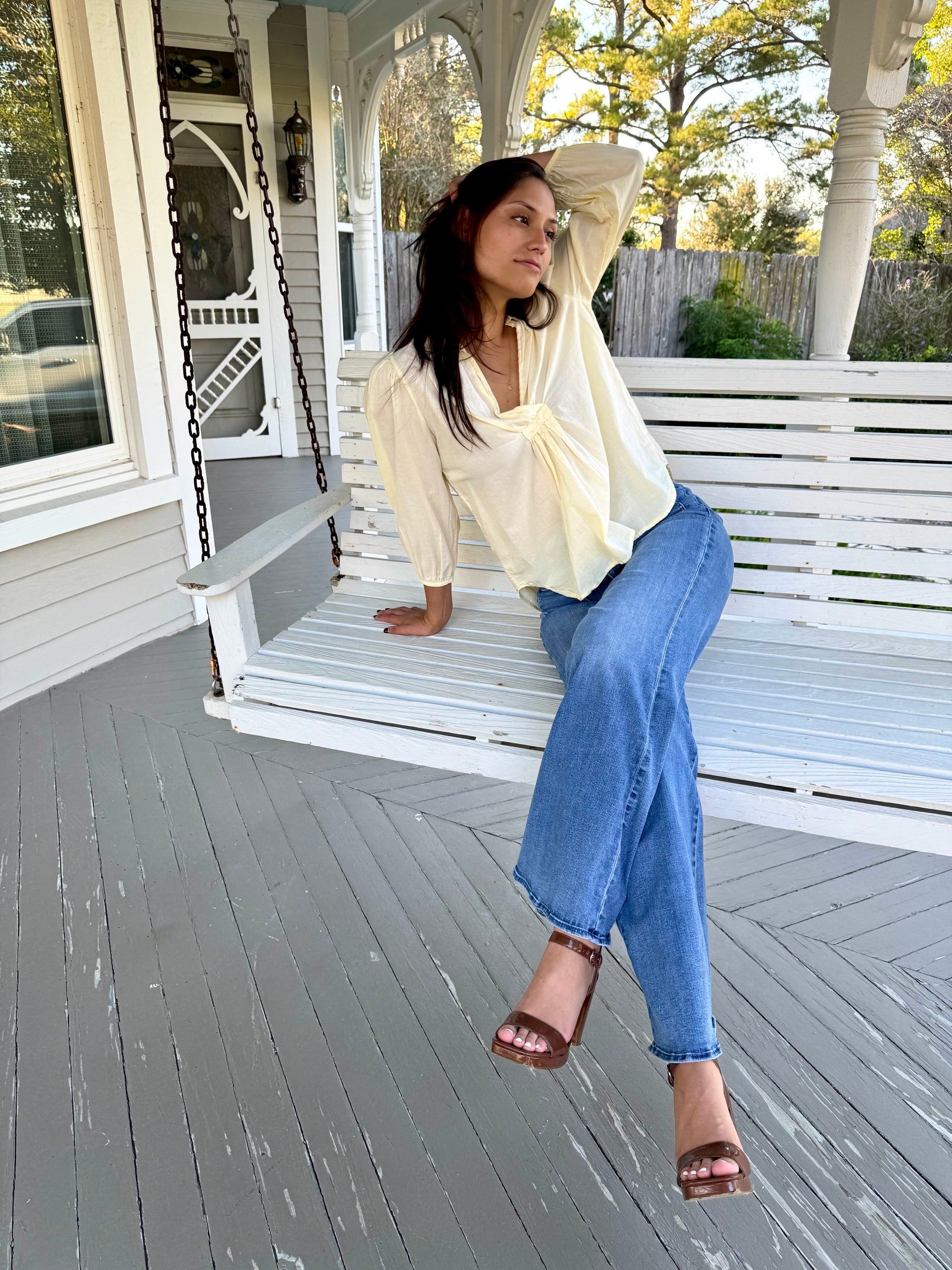 linen yellow long sleeve top