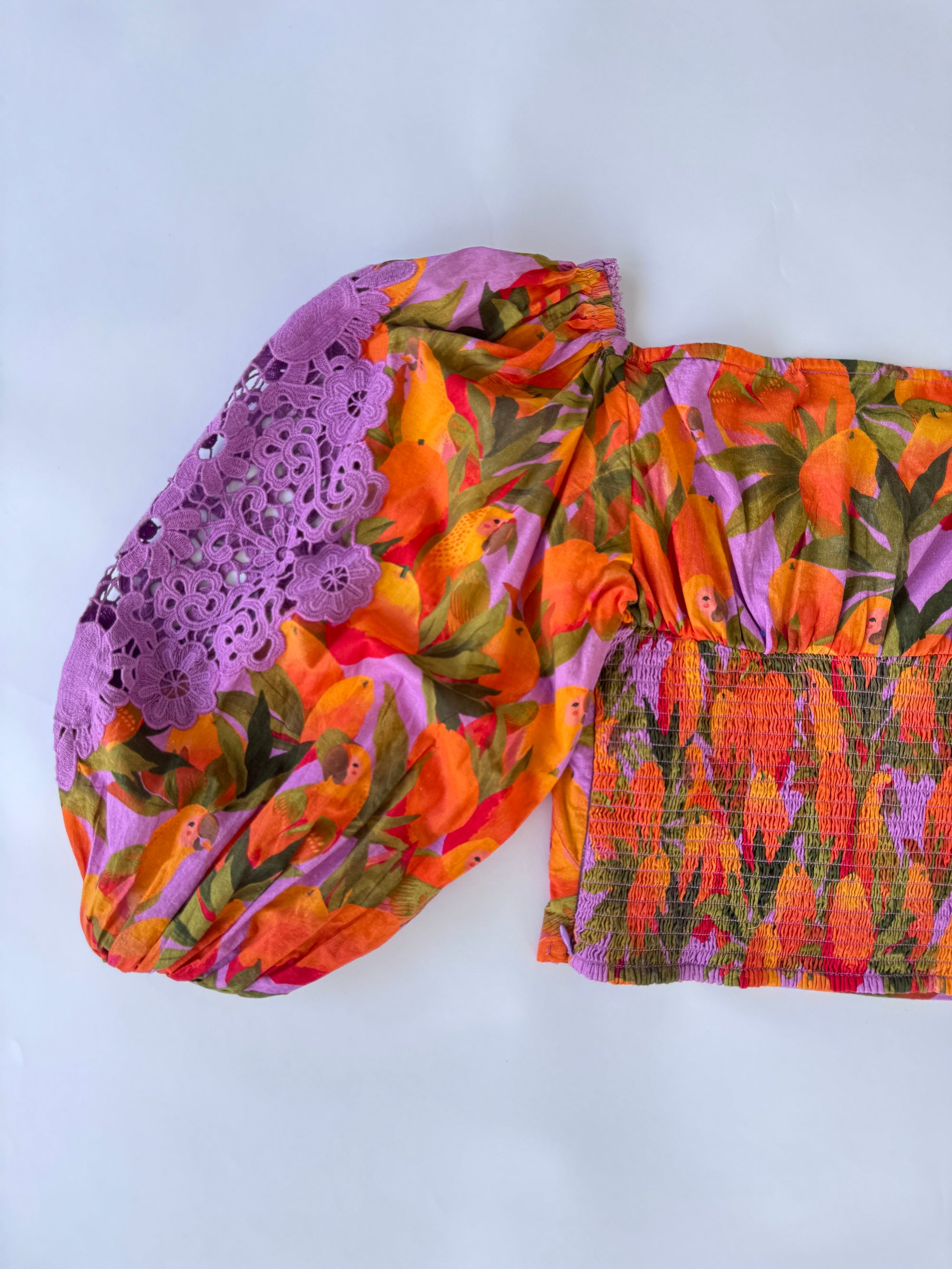Farm Rio Mango Macaws Smocked Puff-Sleeve Blouse
