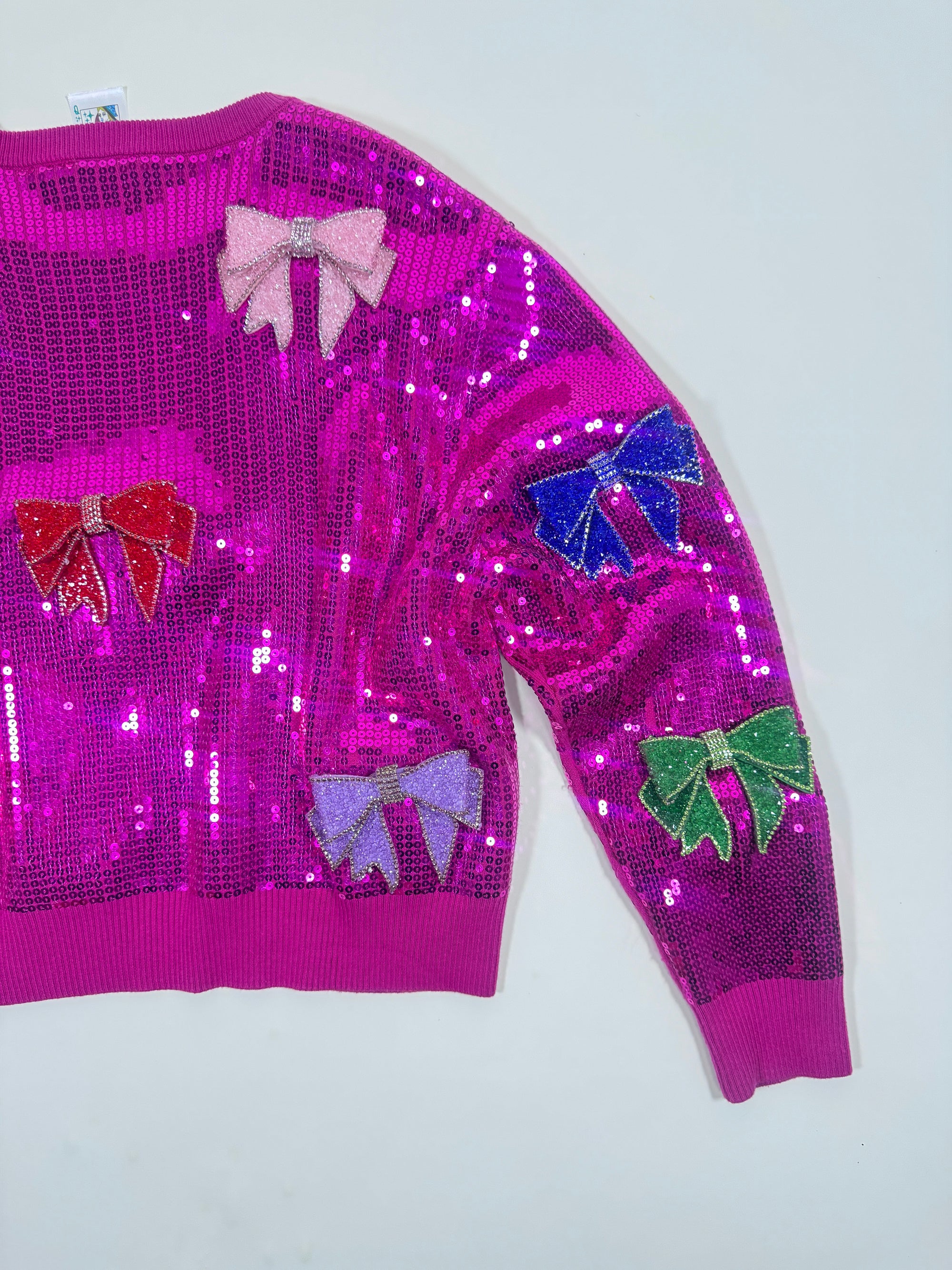 QOS Hot Pink Sequin Bow Sweatshirt