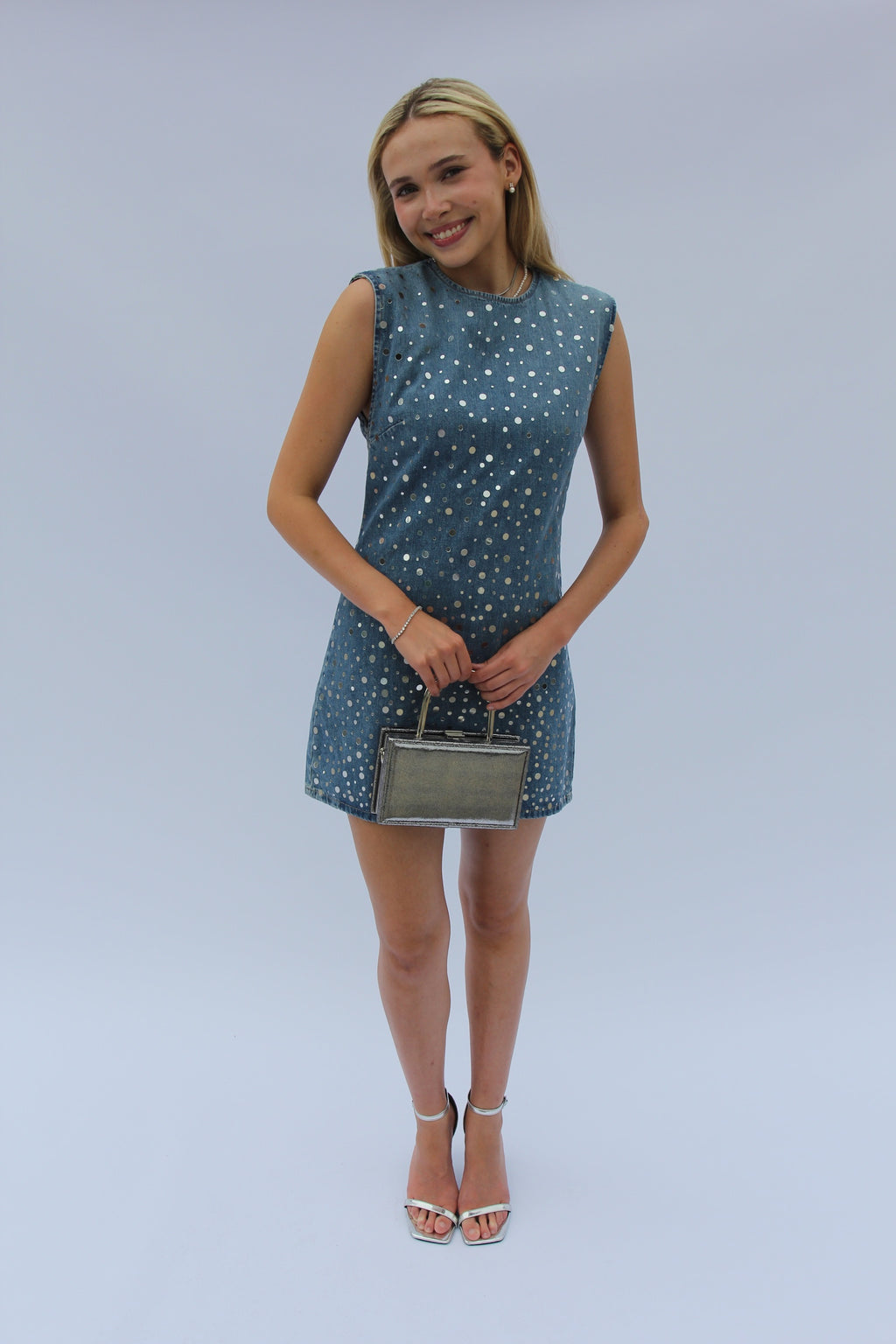 Zara Silver Rhinestone Denim Mini Dress