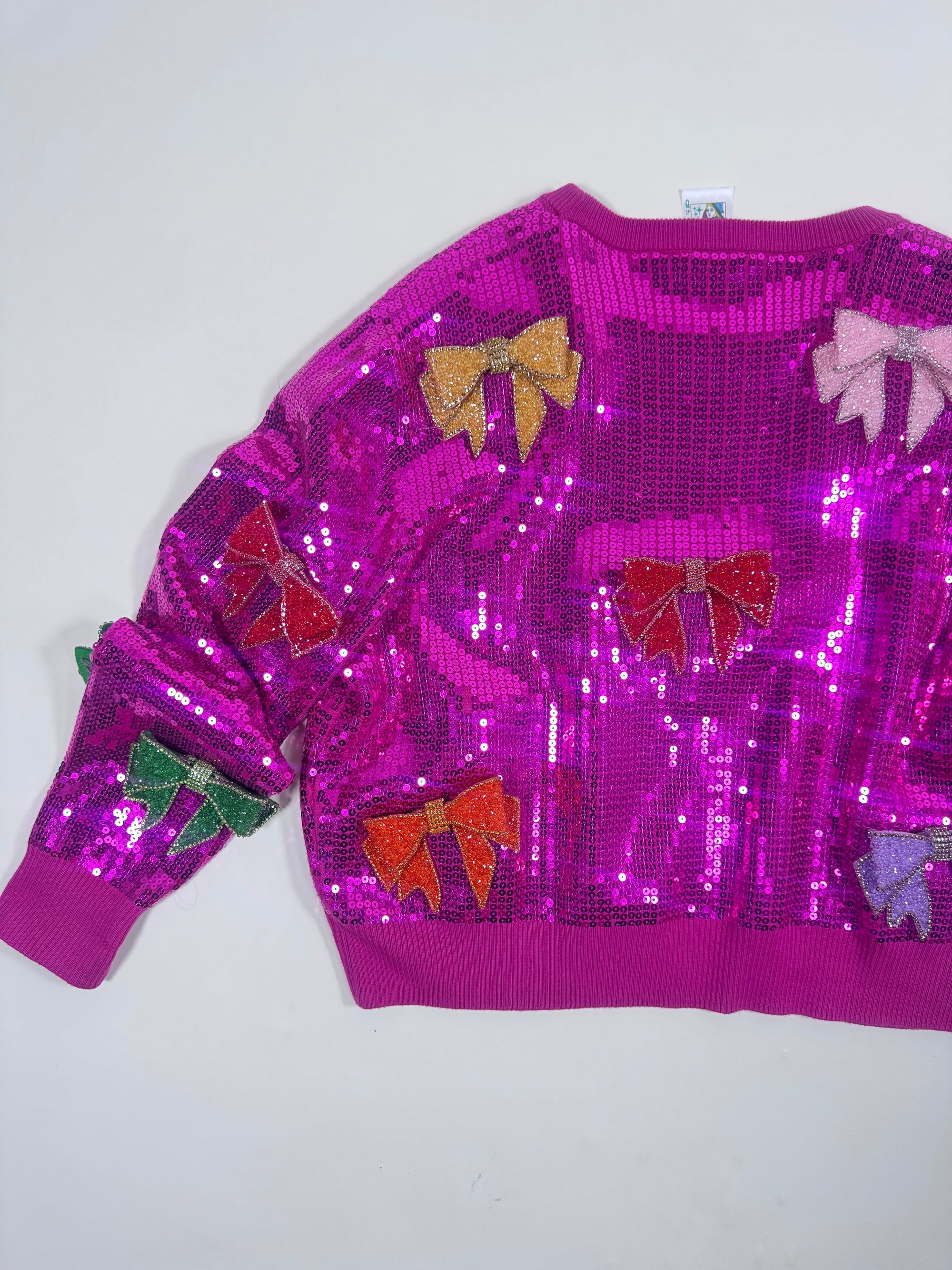 QOS Hot Pink Sequin Bow Sweatshirt