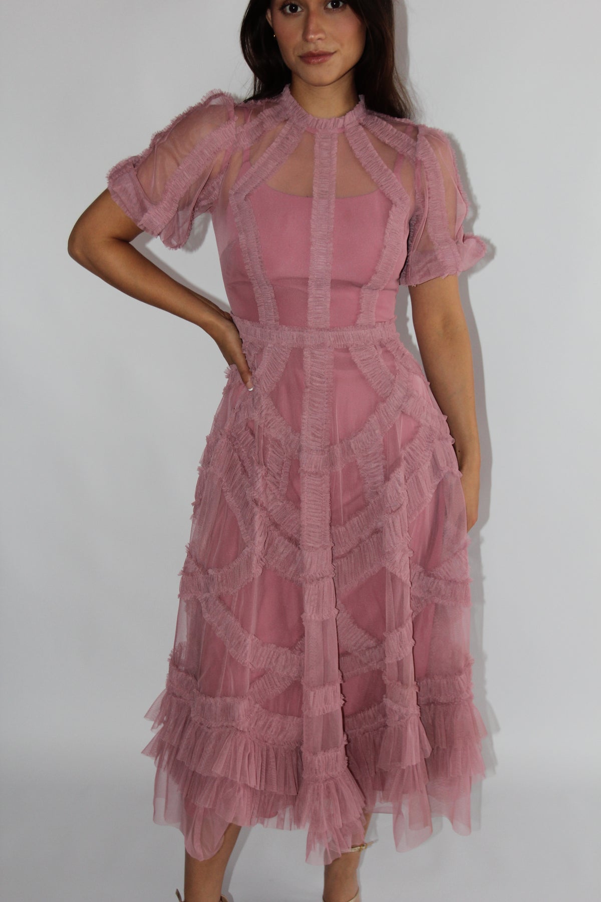 Mac Duggal Petite Pink High Neck Ruffle Tiered A-Line Midi Dress