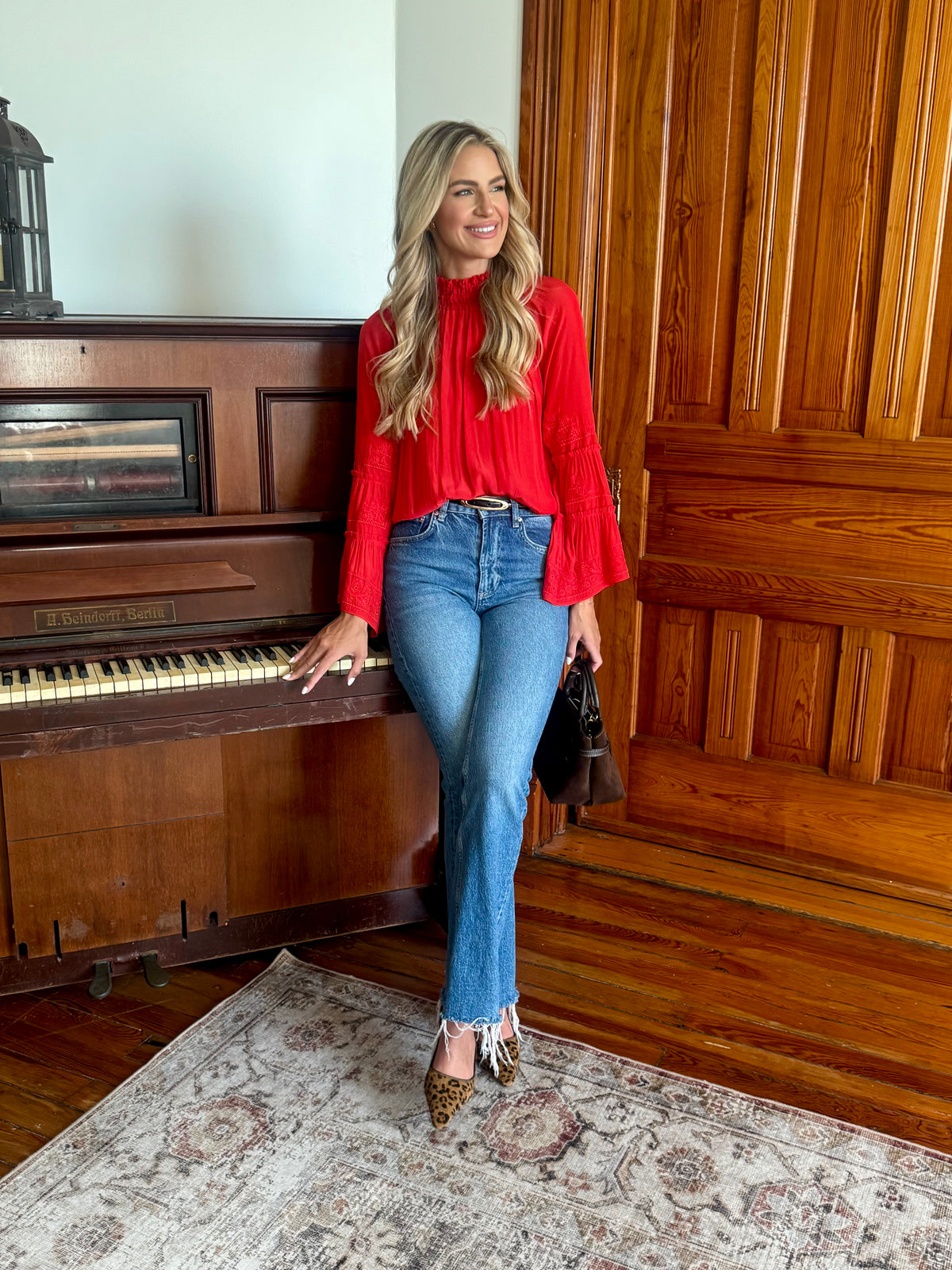 Red Embroidered High Neck Long Sleeve Blouse