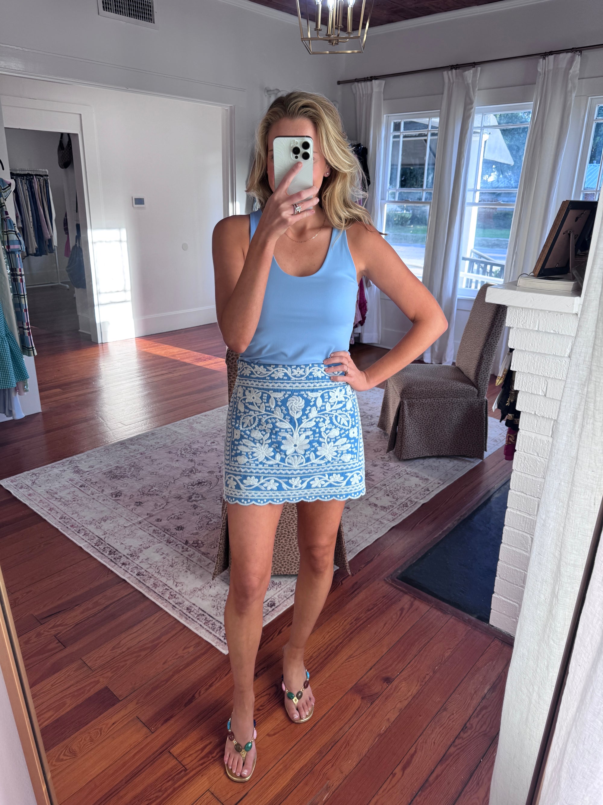 J MARIE Blue Embroidered Mini Skirt