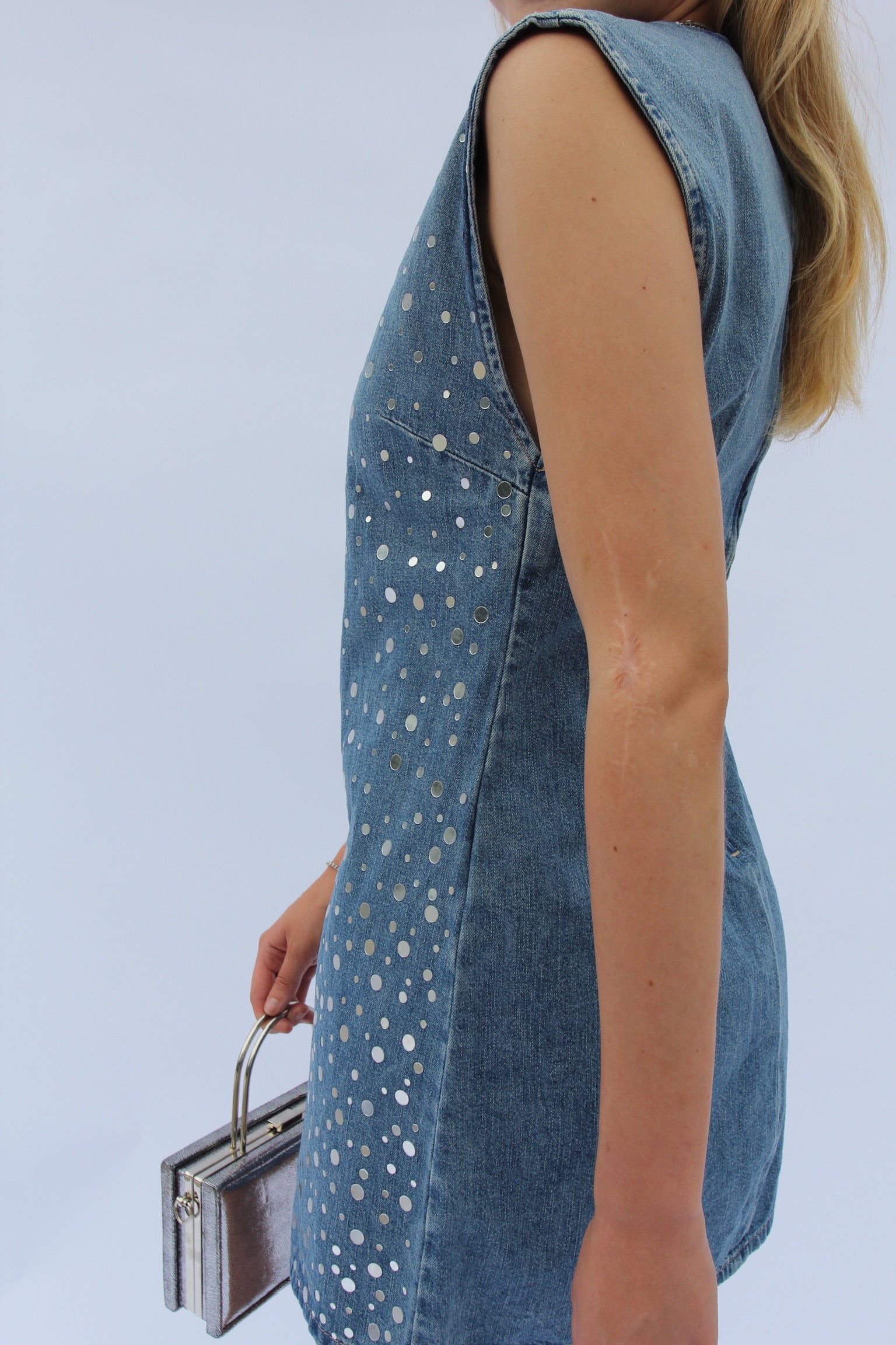 Zara Silver Rhinestone Denim Mini Dress
