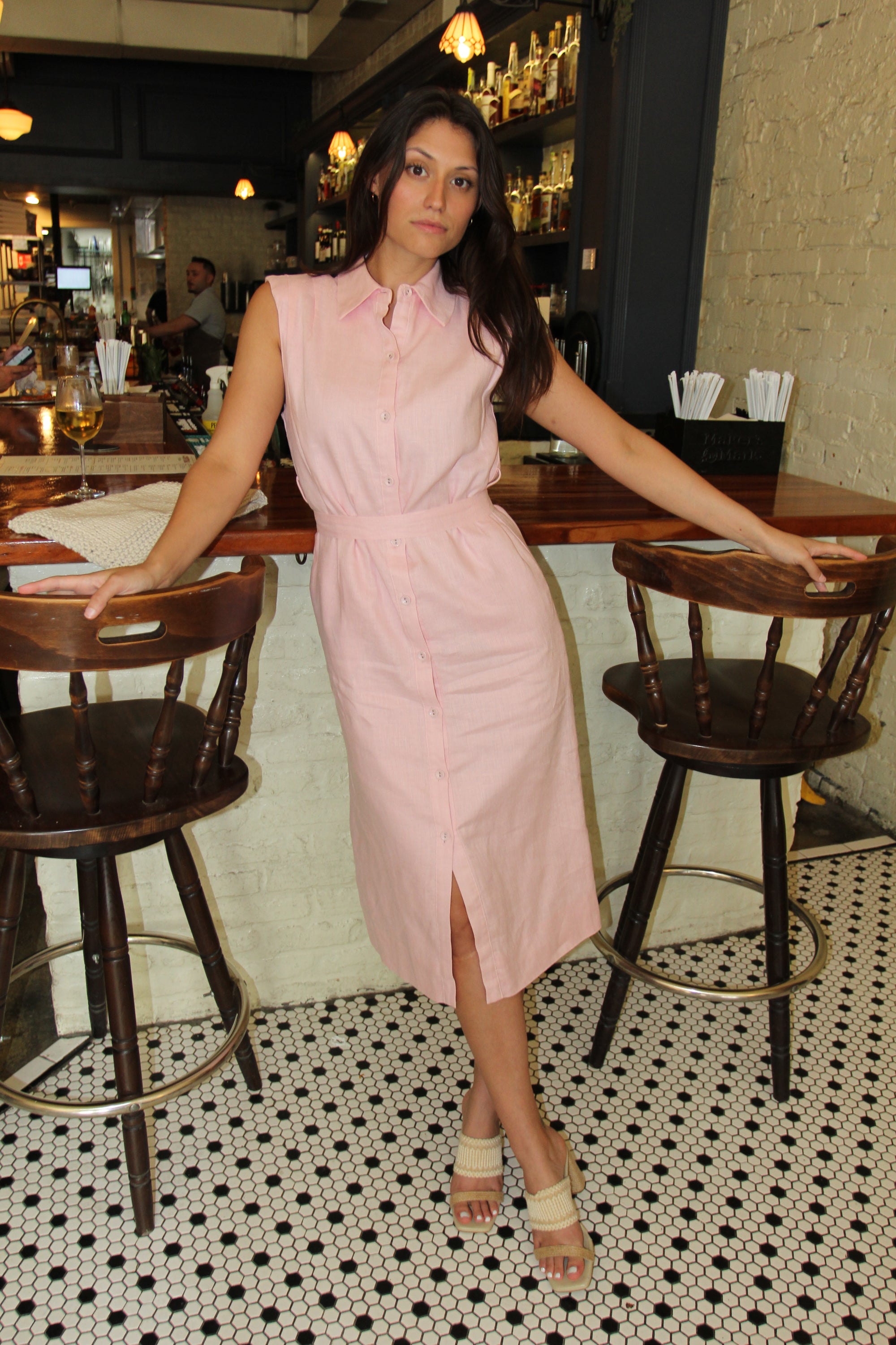 Pink Linen Sleeveless Midi