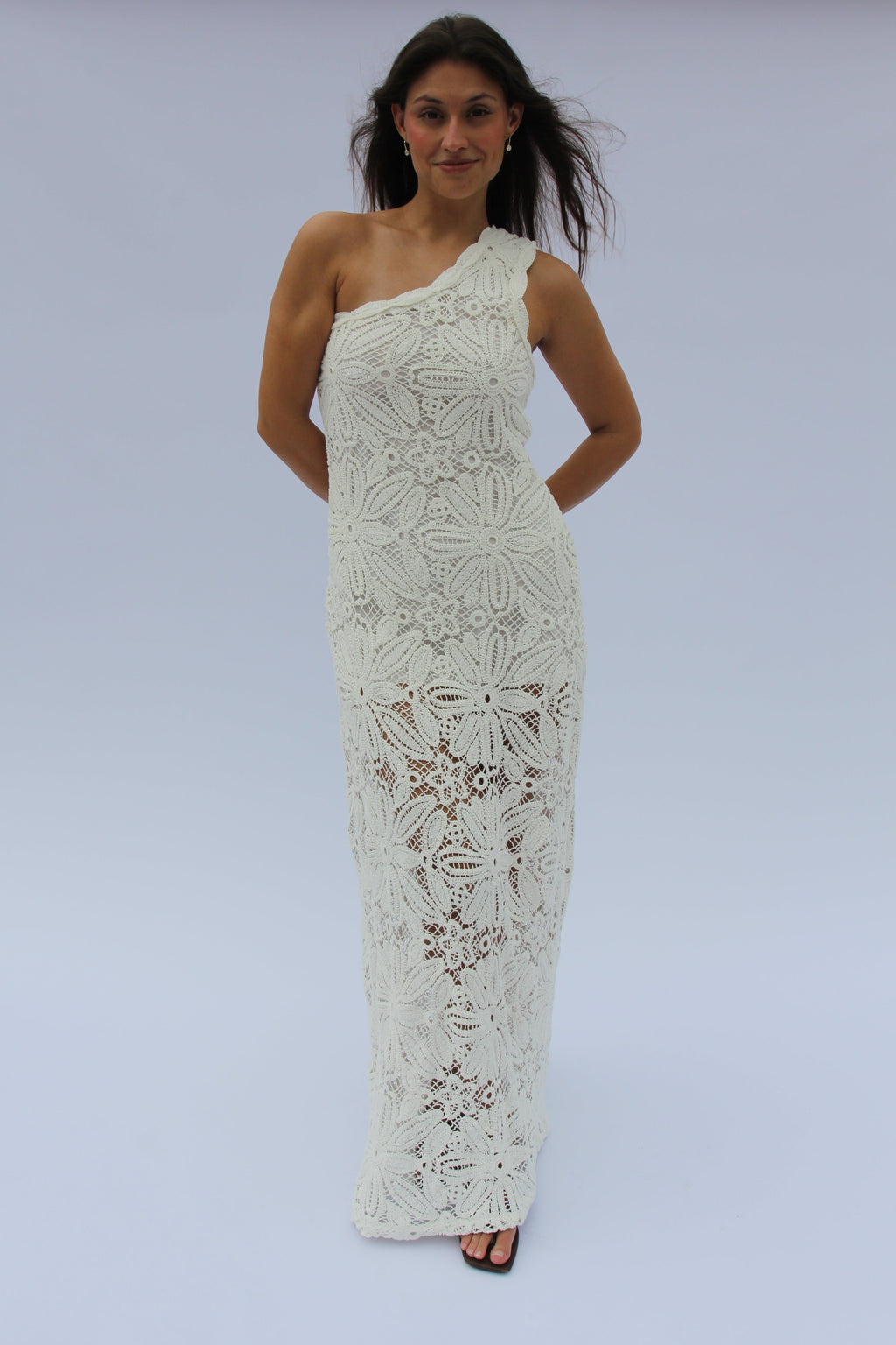Charlene Maxi Dress-Crochet Knitted
One Shoulder Maxi Dress in White