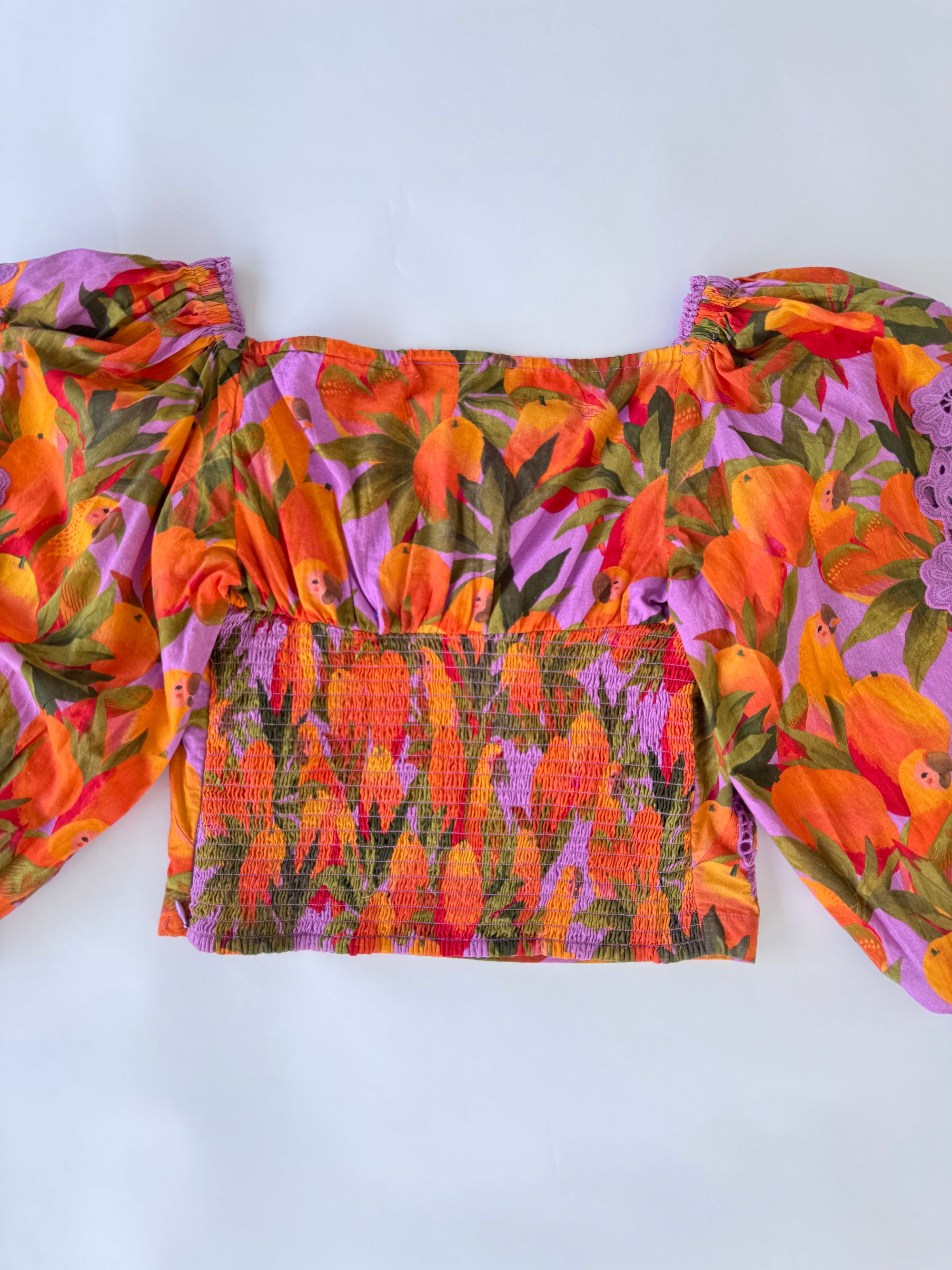 Farm Rio Mango Macaws Smocked Puff-Sleeve Blouse