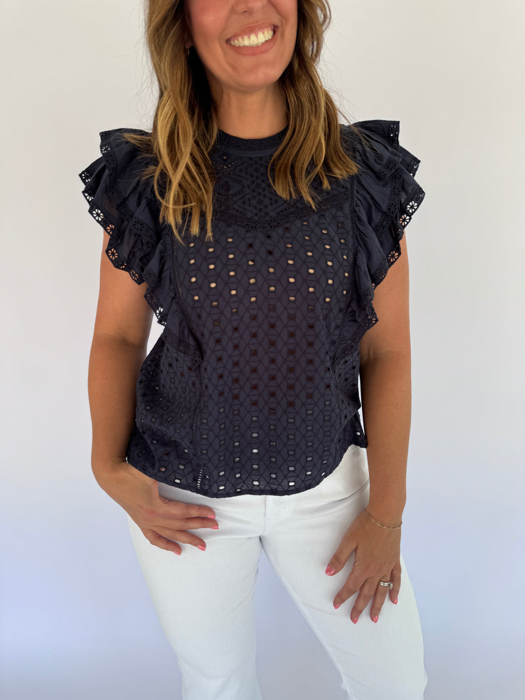Veronica Beard Navy Eyelet Jie Top