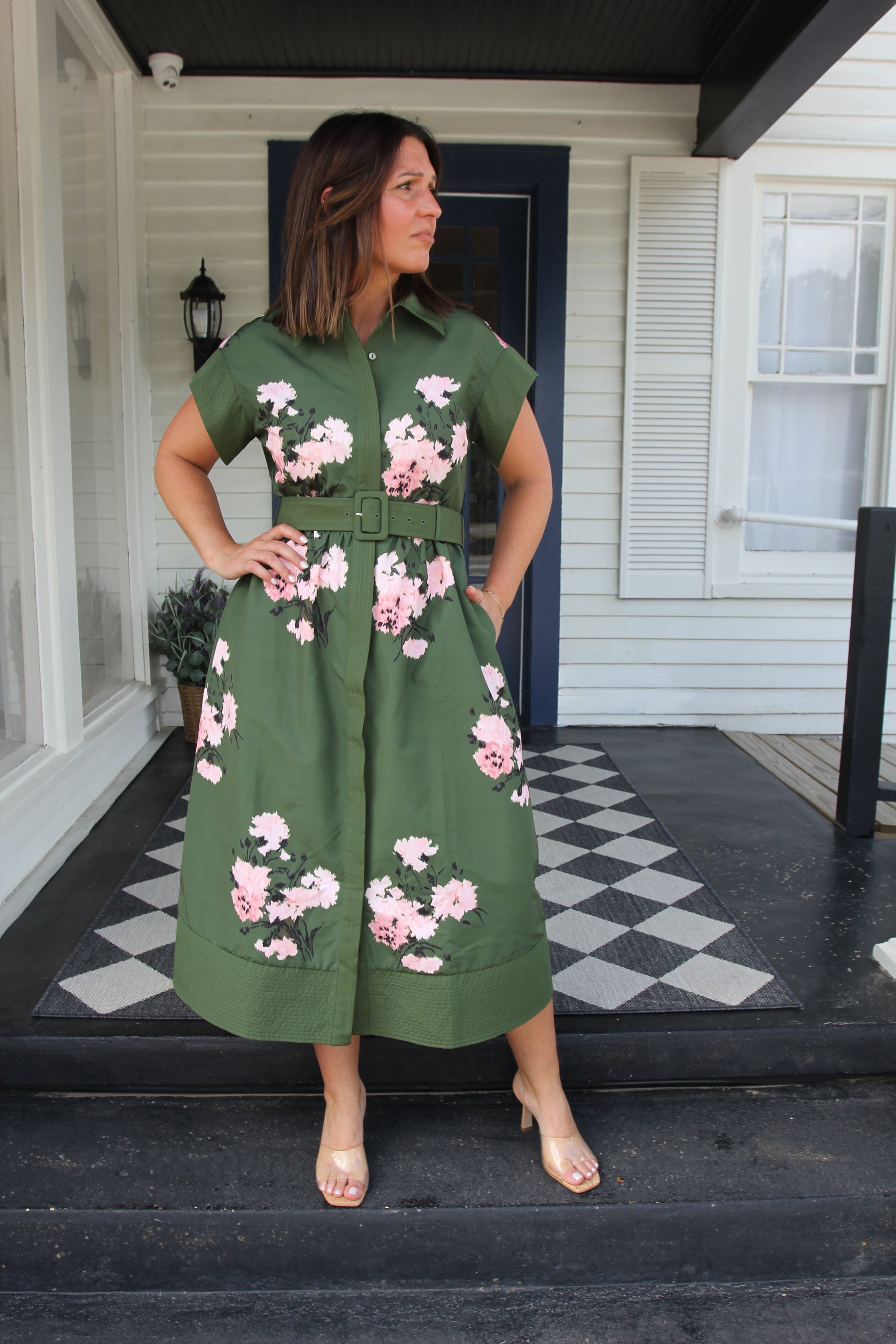 Tuckernuck Olive and Pressed Powder Floral Chloe Dress