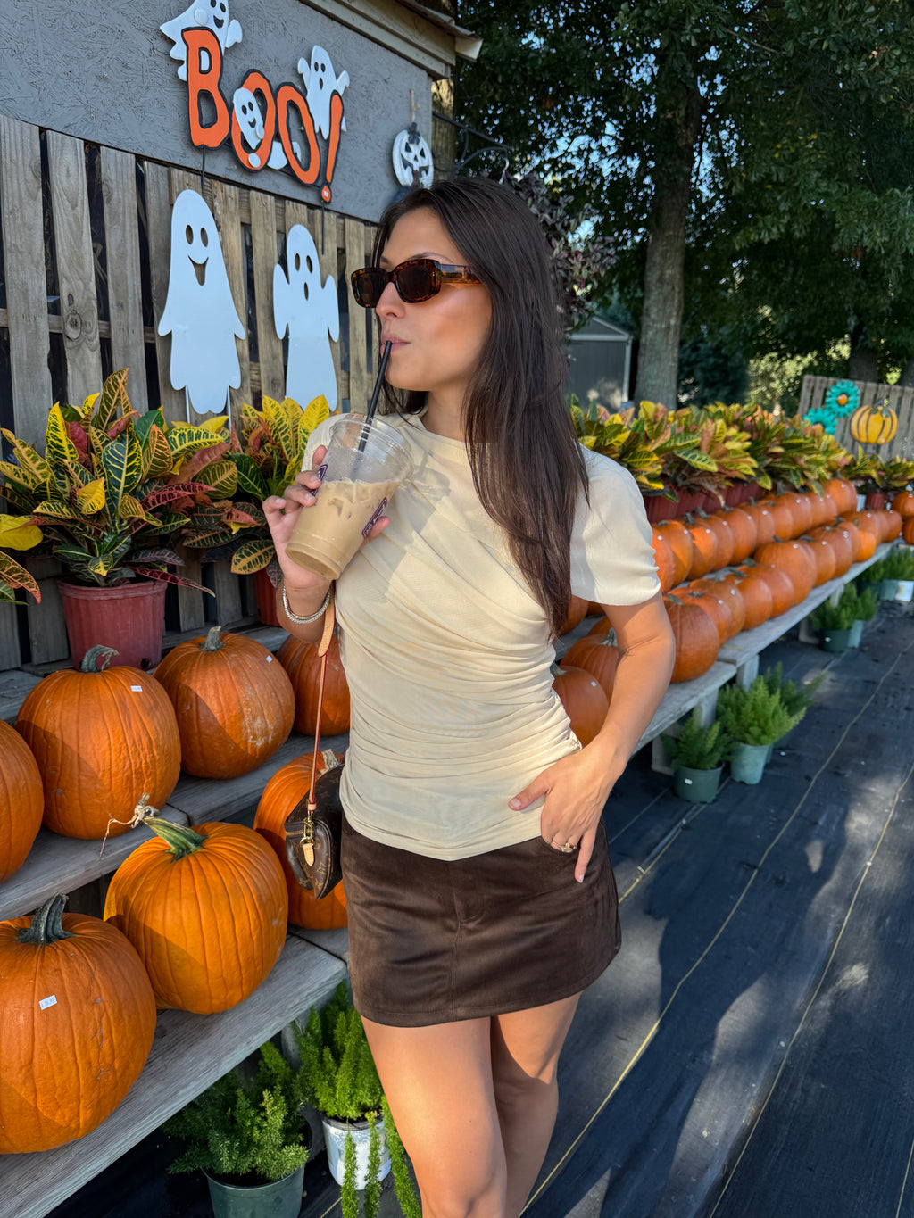 Beige Mesh Mock Neck Top