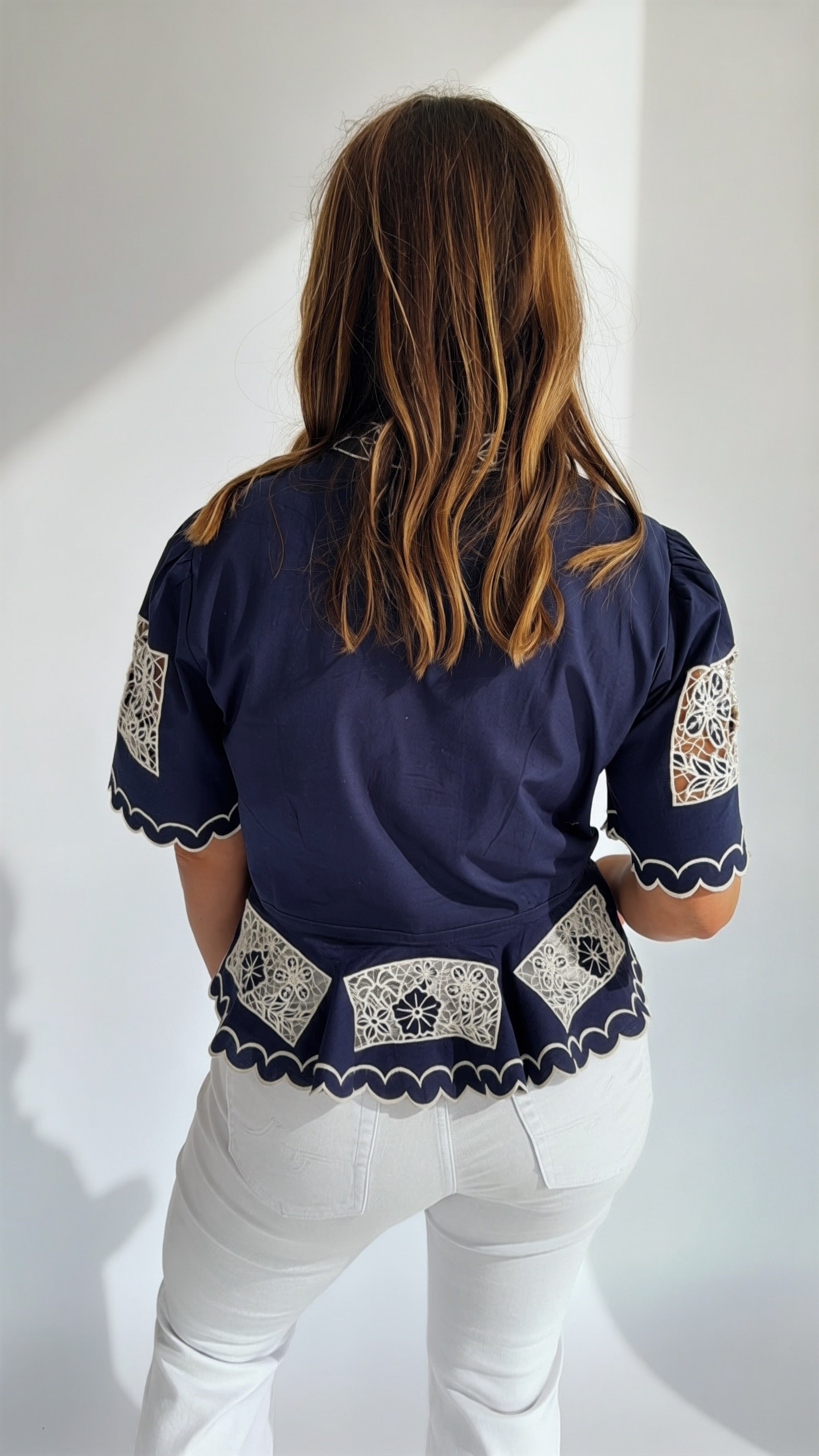 Love The Label Elizabeth Top in Navy w/ Ivory Embroidery