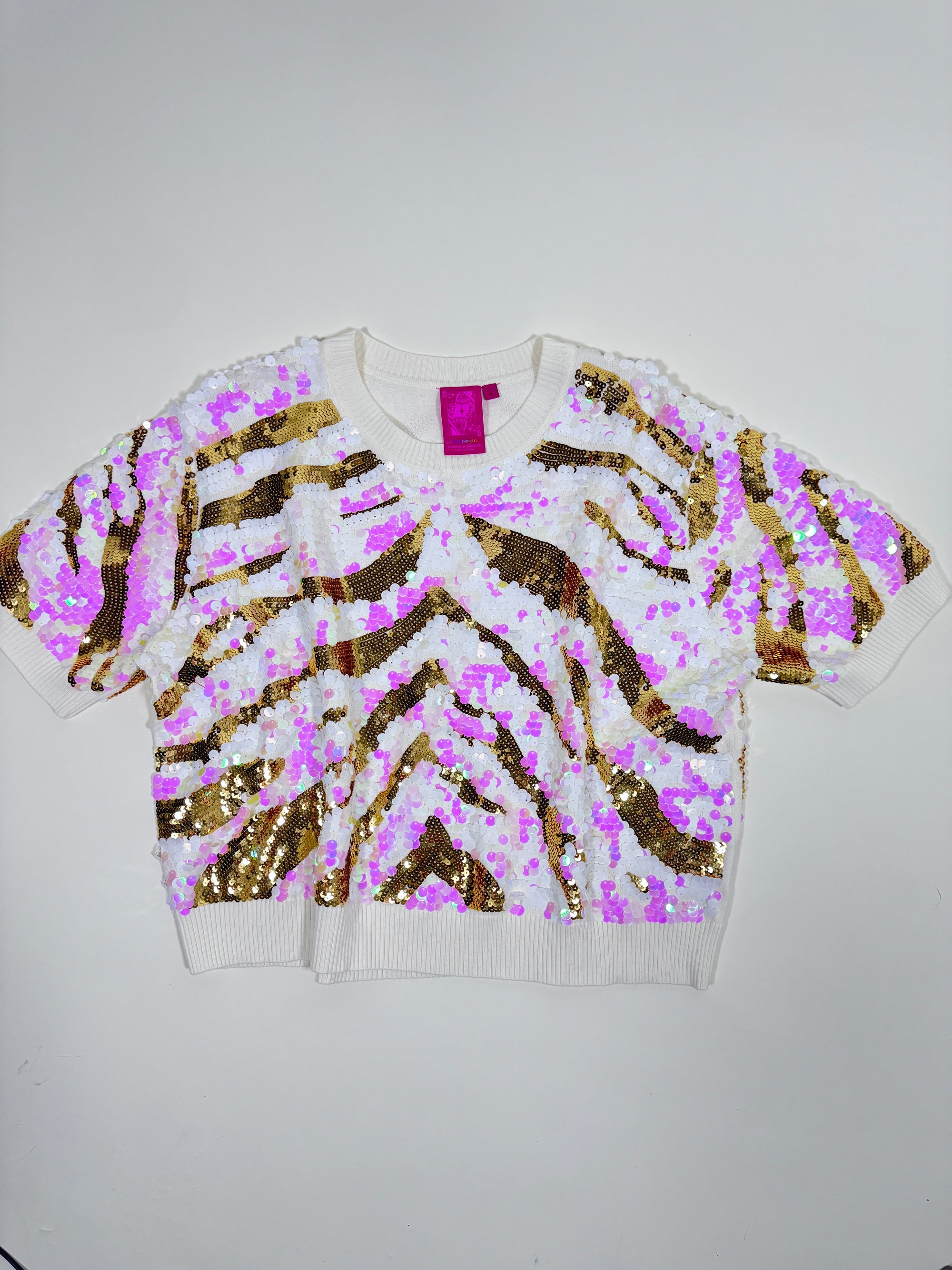QOS Iridescent Sequin Tiger Print Sweater