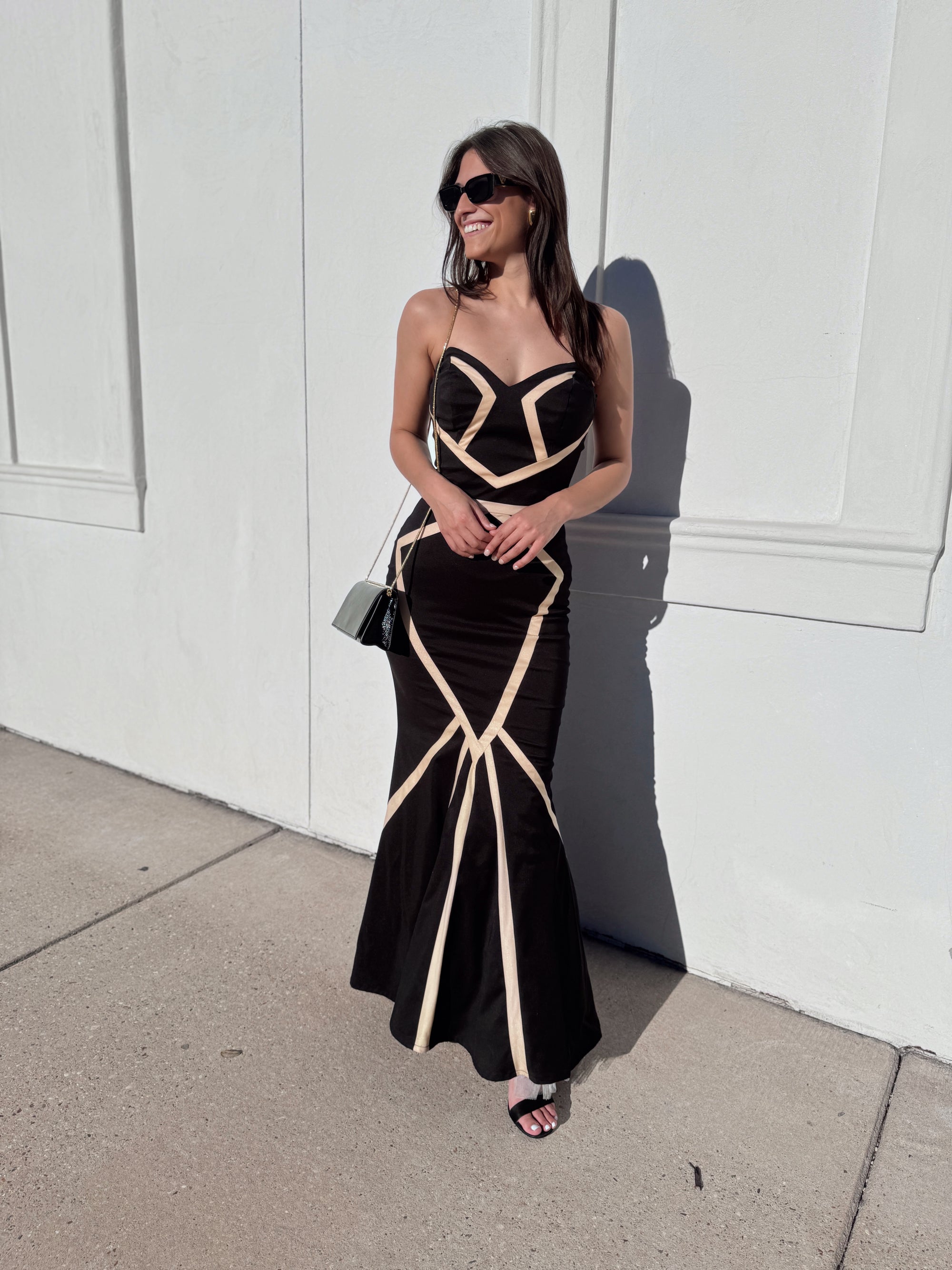 Terani Couture Strapless Black & Cream Contrast Gown