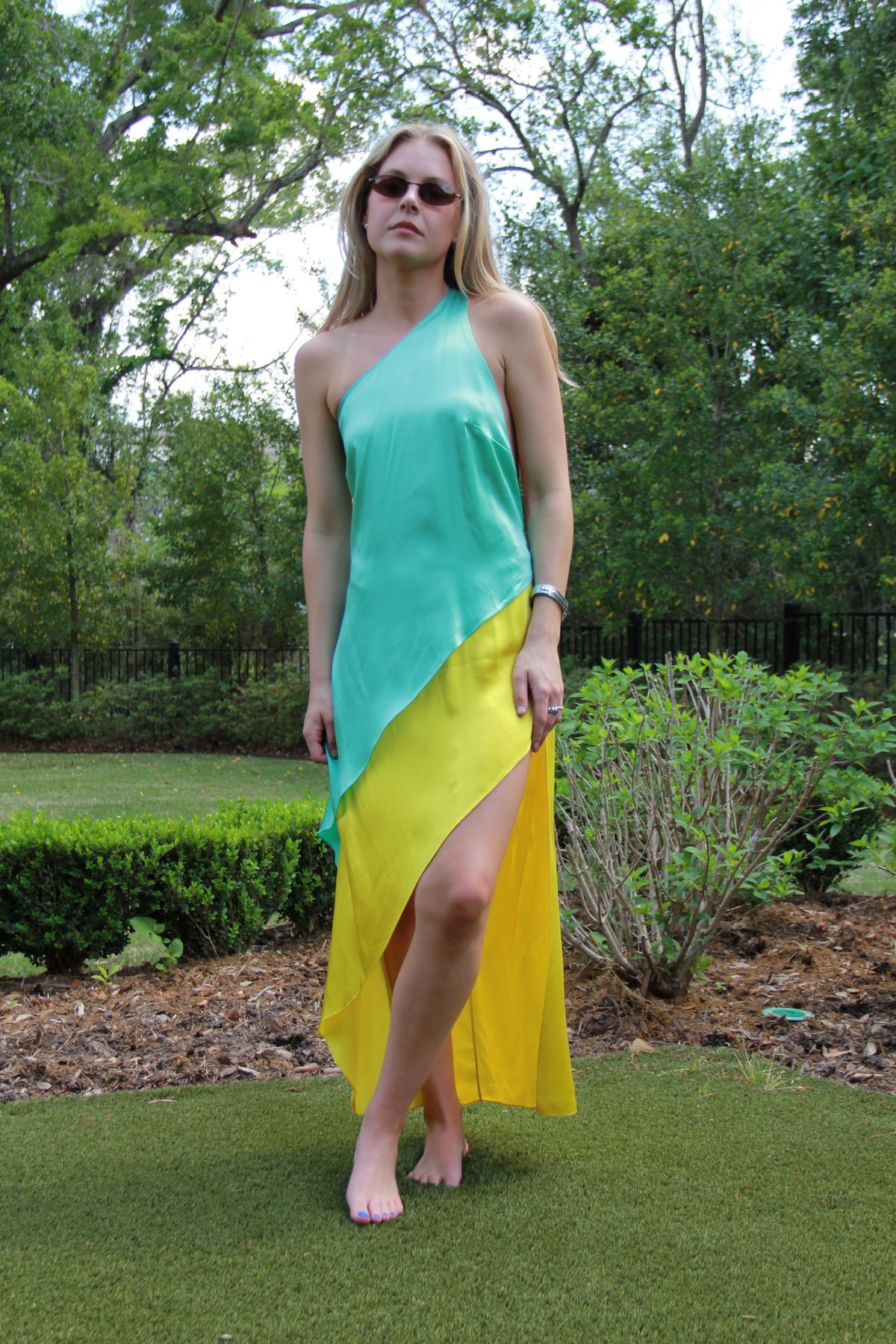 Halpern Razor one-shoulder two-tone satin midi dress