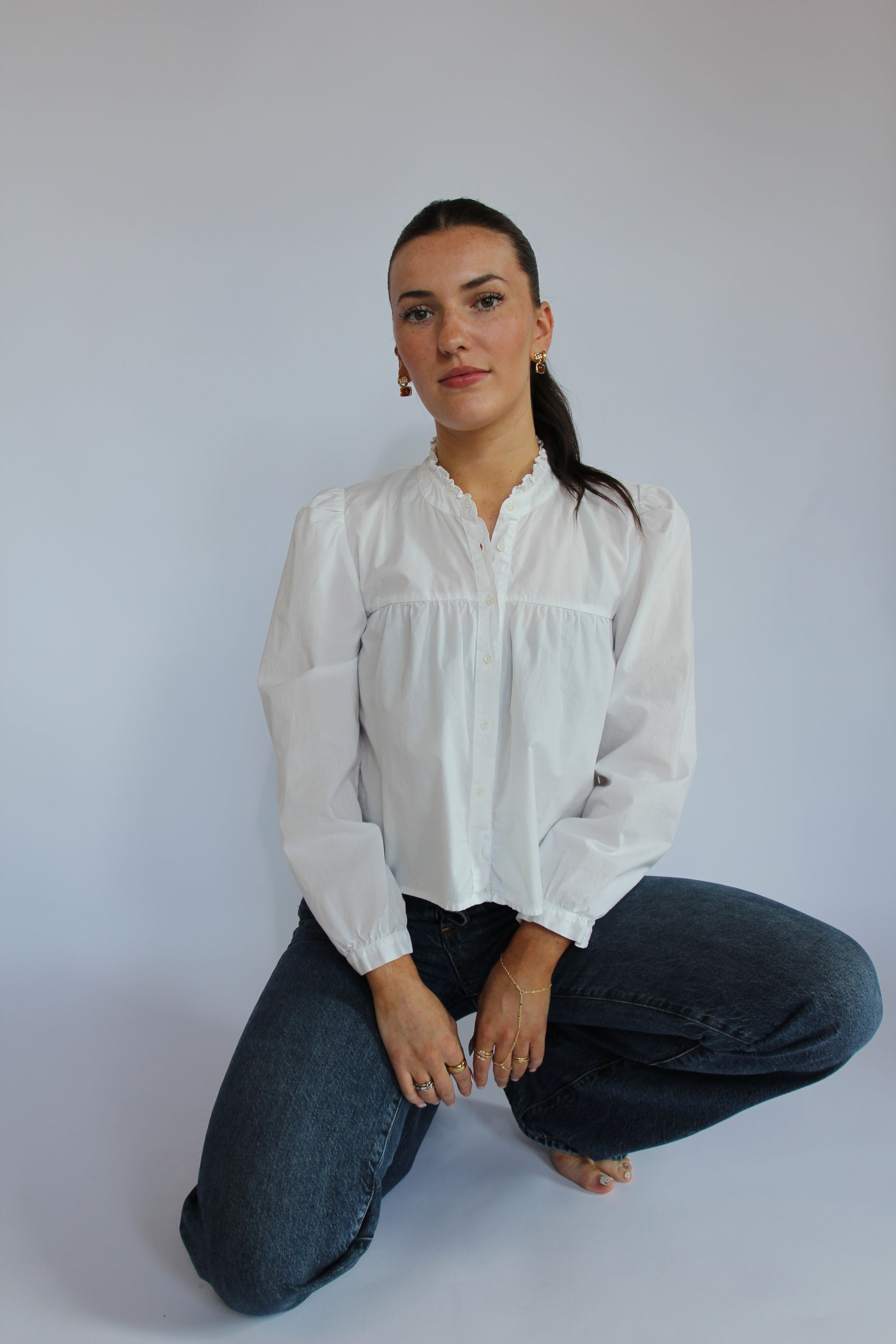 Nation White Long Sleeve Ruffle Detail Top