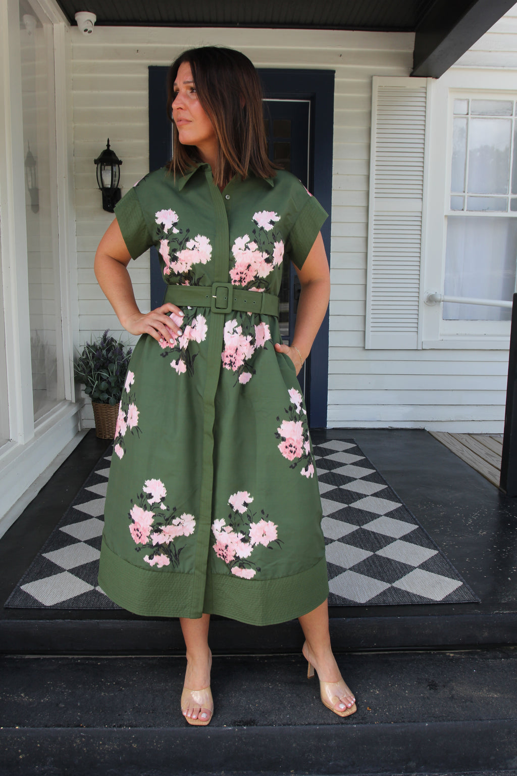 Tuckernuck Olive and Pressed Powder Floral Chloe Dress