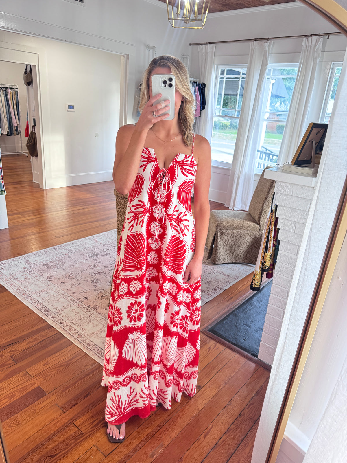 Farm Rio Red Seashell Print Maxi Dress