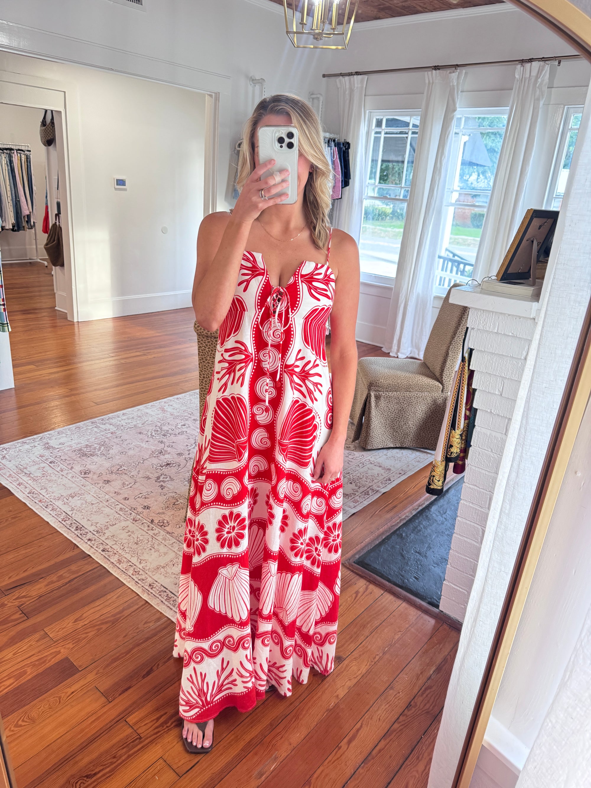 Farm Rio Red Seashell Print Maxi Dress