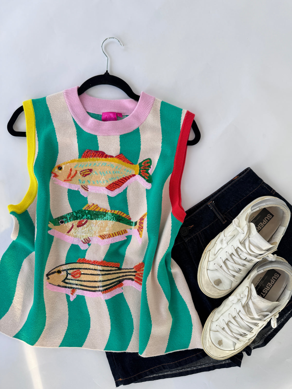 QOS Teal Multi Trim Fish Knit Tank