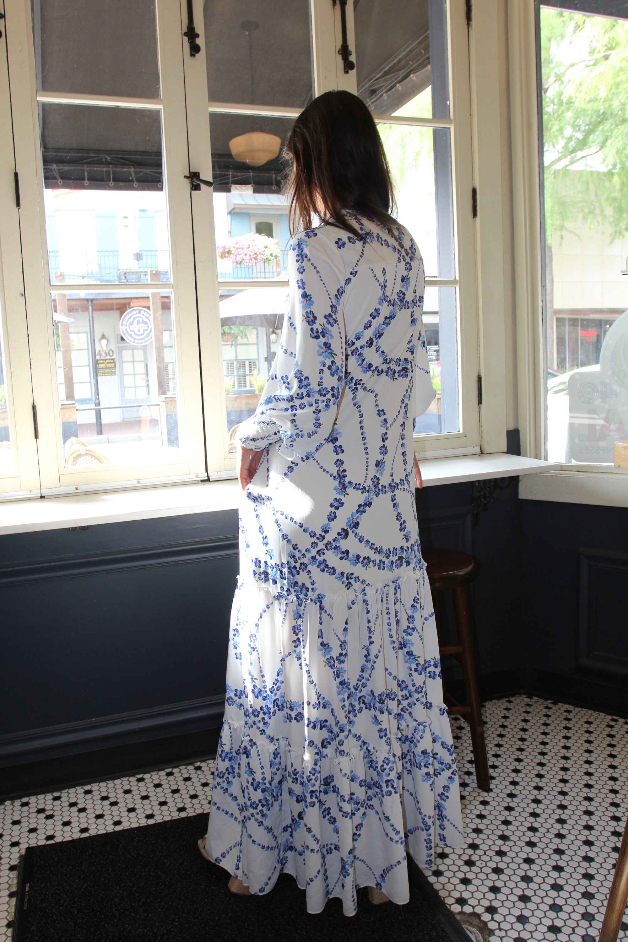 Misa Evangeline Dress in Intertwined White Floral Long Sleeve Maxi