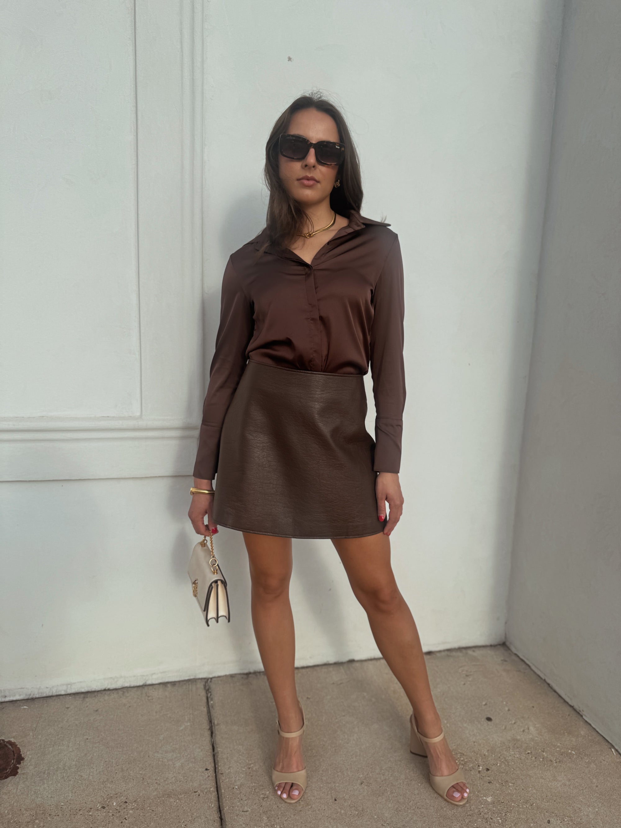 Chocolate Brown Satin Button Down