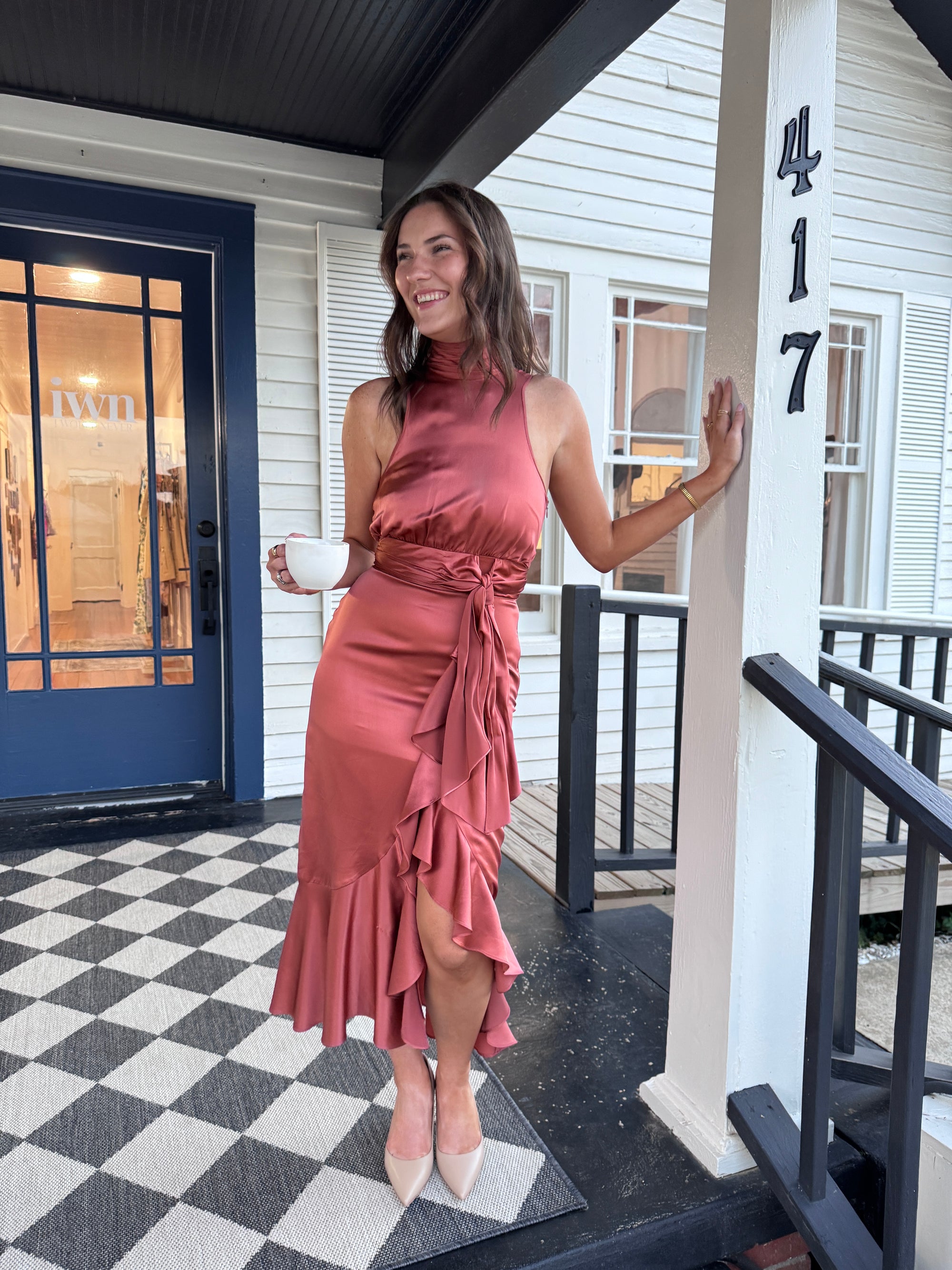 Cinq à Sept Winona Silk Halter Neck Midi Dress in Rosewood