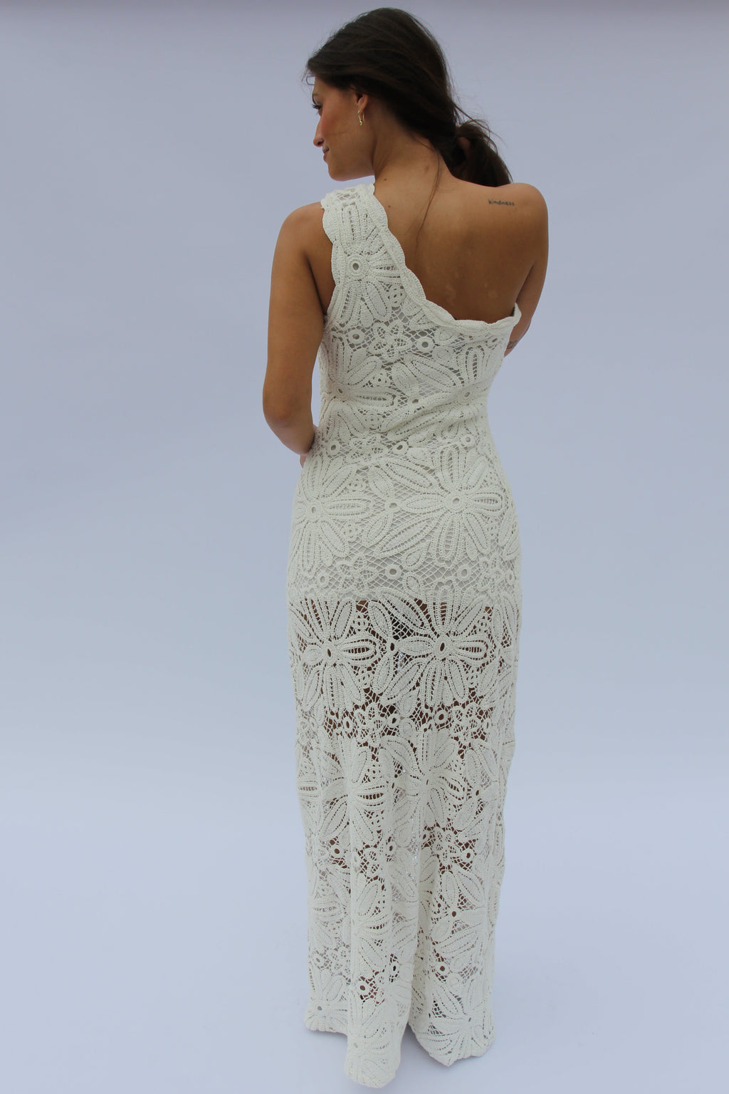 Charlene Maxi Dress-Crochet Knitted
One Shoulder Maxi Dress in White
