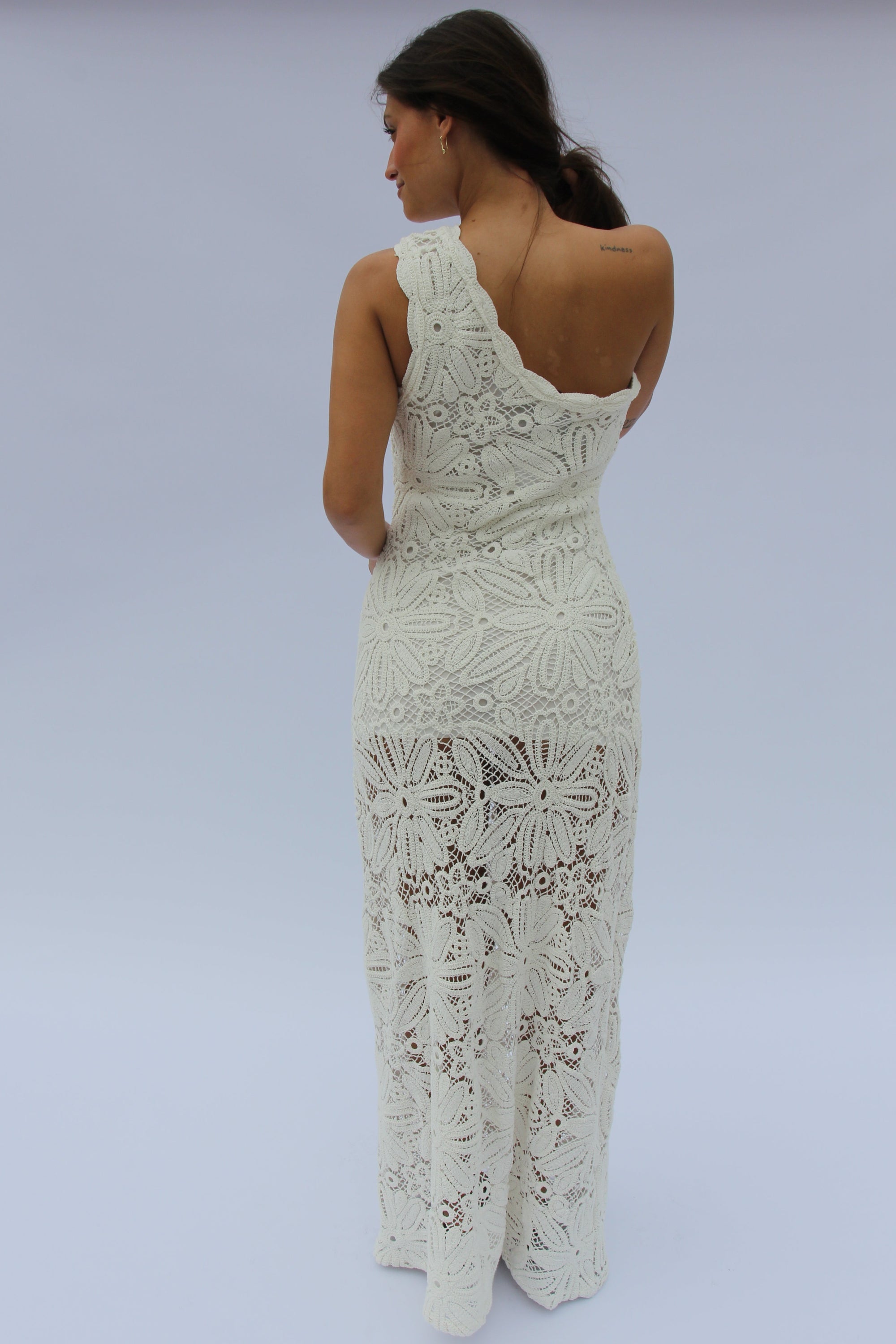 Charlene Maxi Dress-Crochet Knitted
One Shoulder Maxi Dress in White