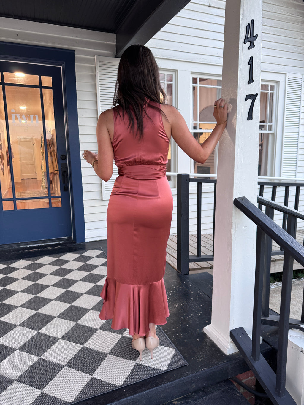 Cinq à Sept Winona Silk Halter Neck Midi Dress in Rosewood