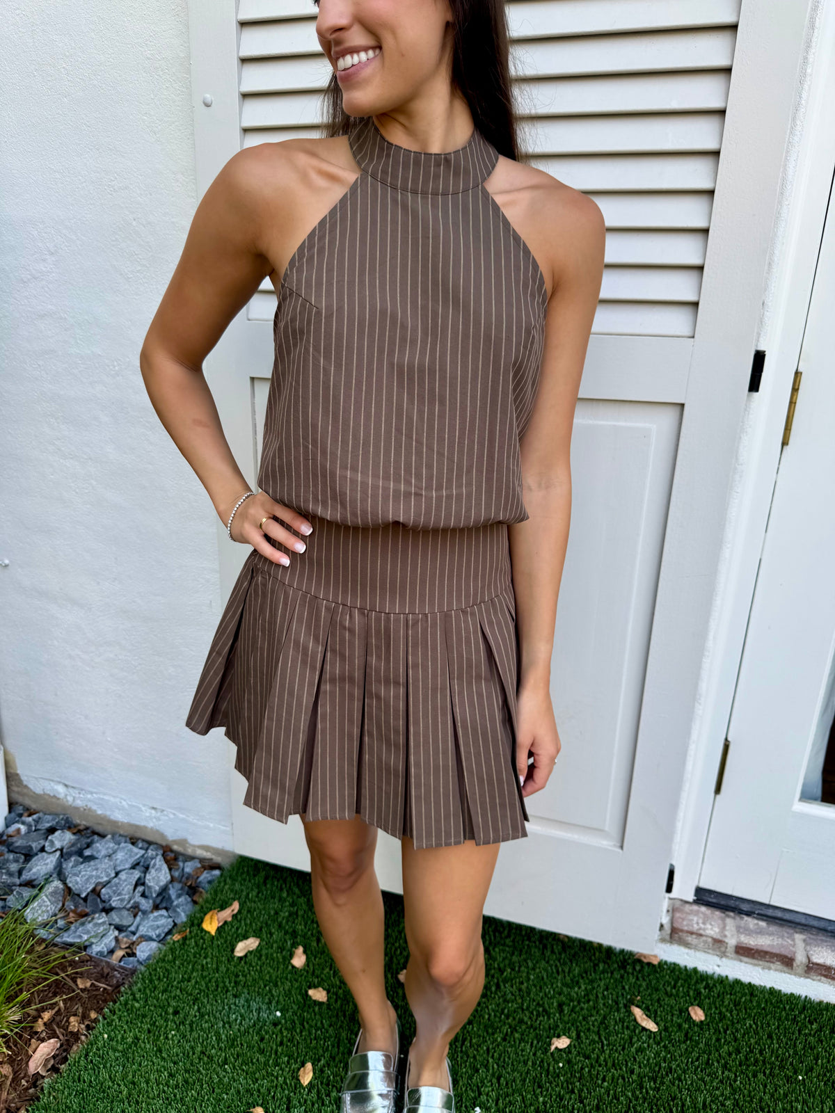 Brown Pinstripe Halter Dress