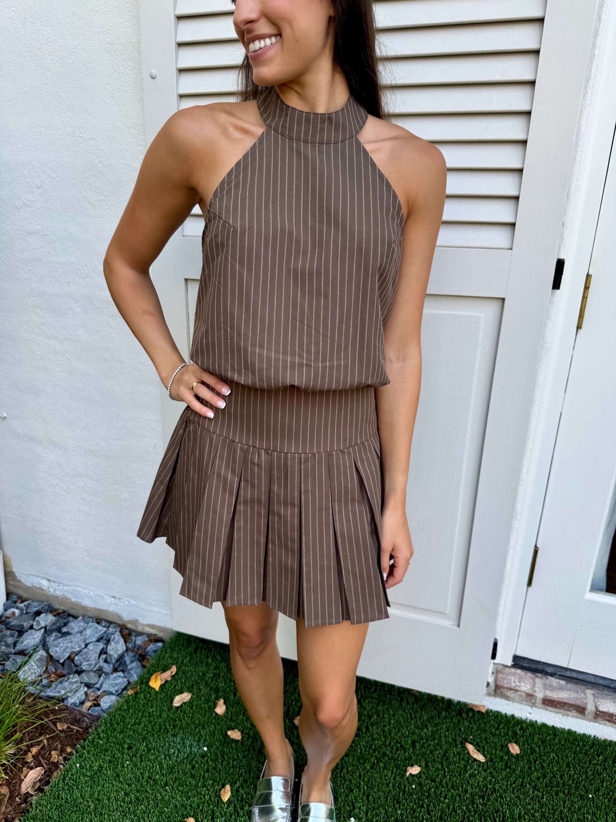 Brown Pinstripe Halter Dress