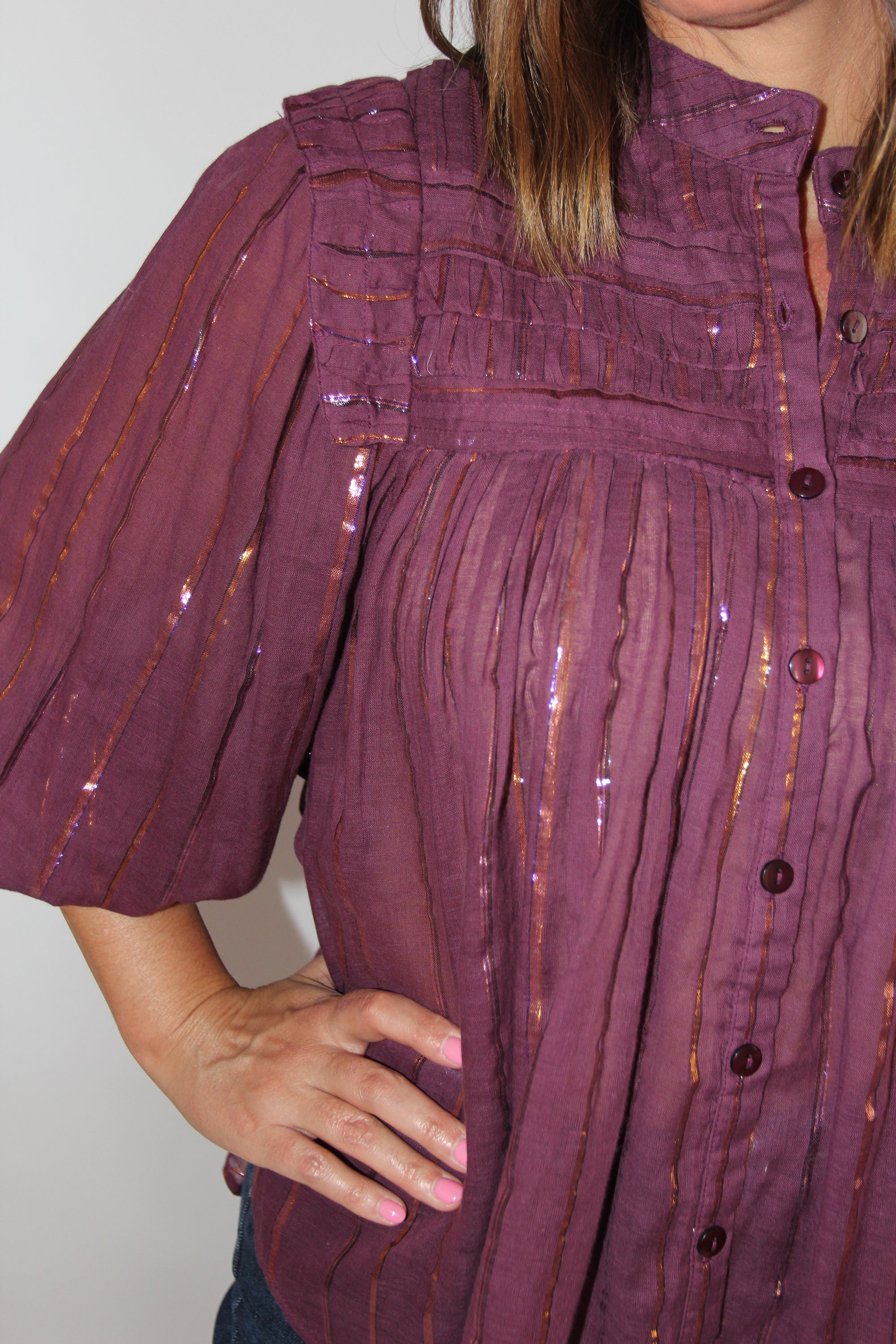 Farm Rio Pleated Yoke Button Up Top