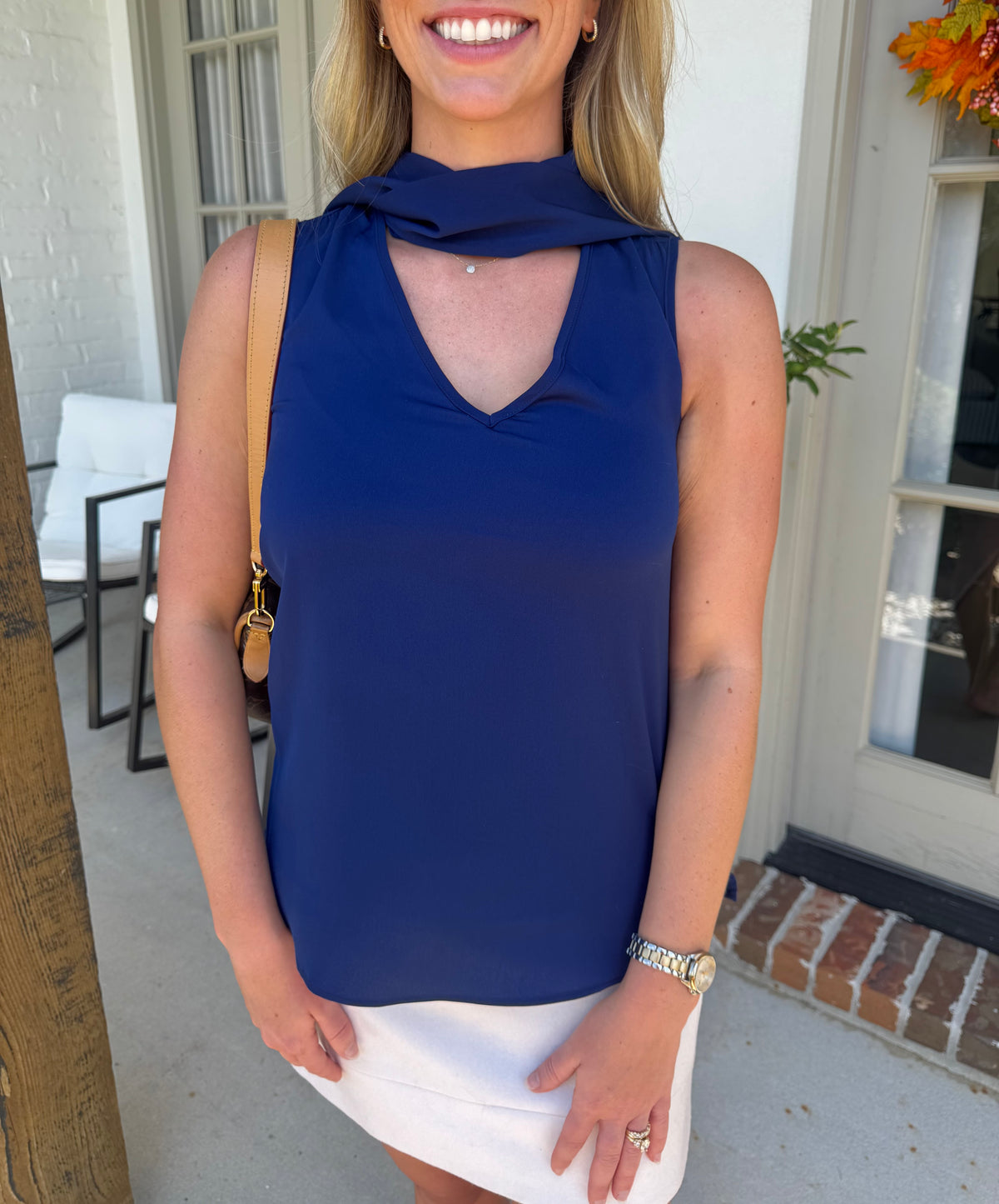 NWT Navy Tie Neck Sleeveless Top