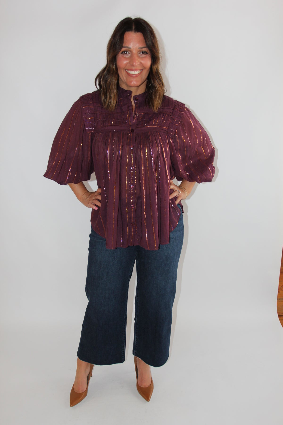 Farm Rio Pleated Yoke Button Up Top