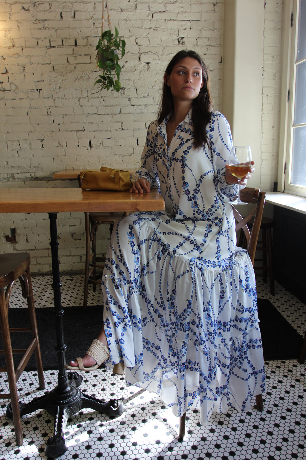 Misa Evangeline Dress in Intertwined White Floral Long Sleeve Maxi