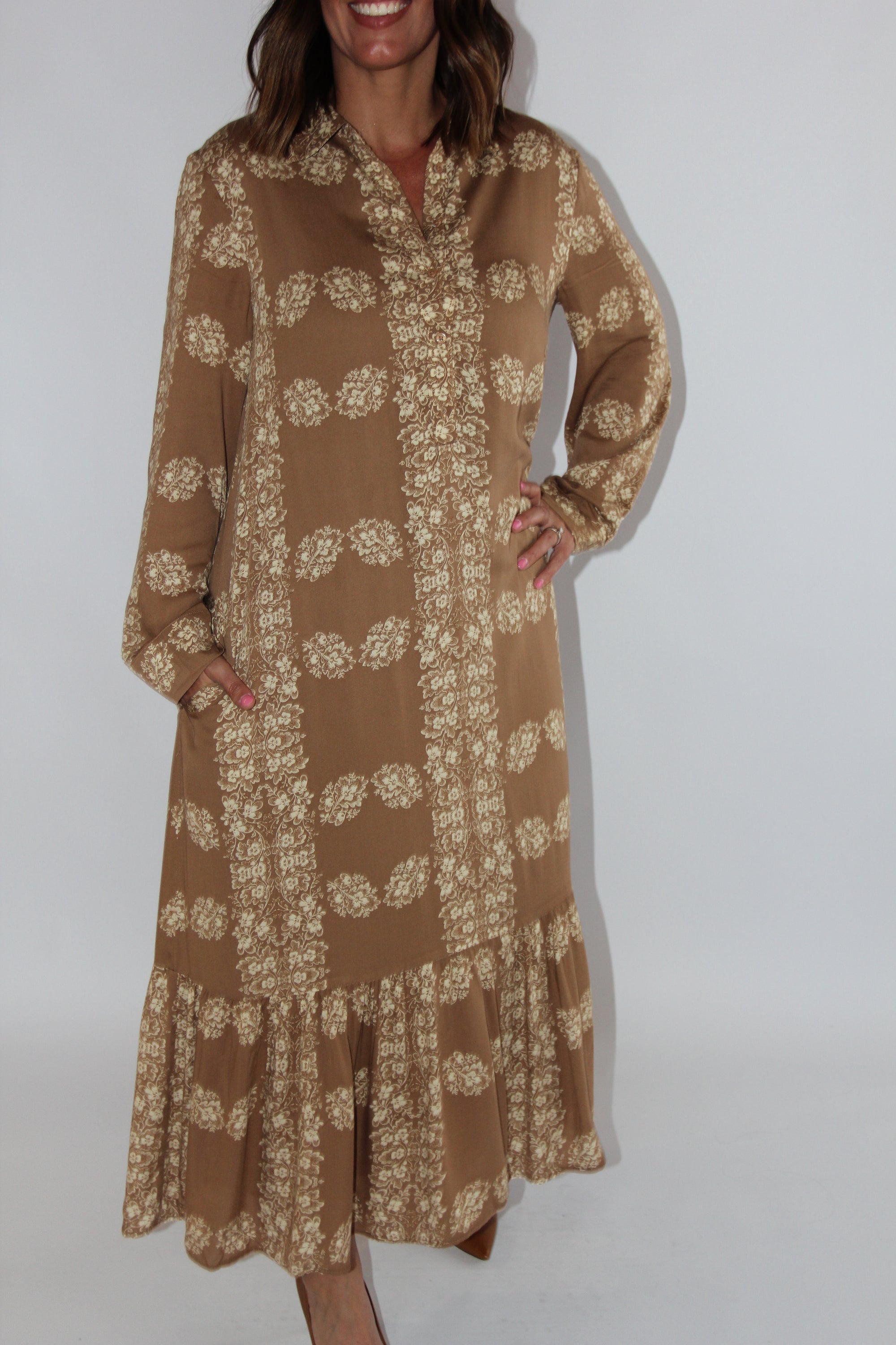 Hyacinth House Tan Floral Miller Maxi Shirt Dress