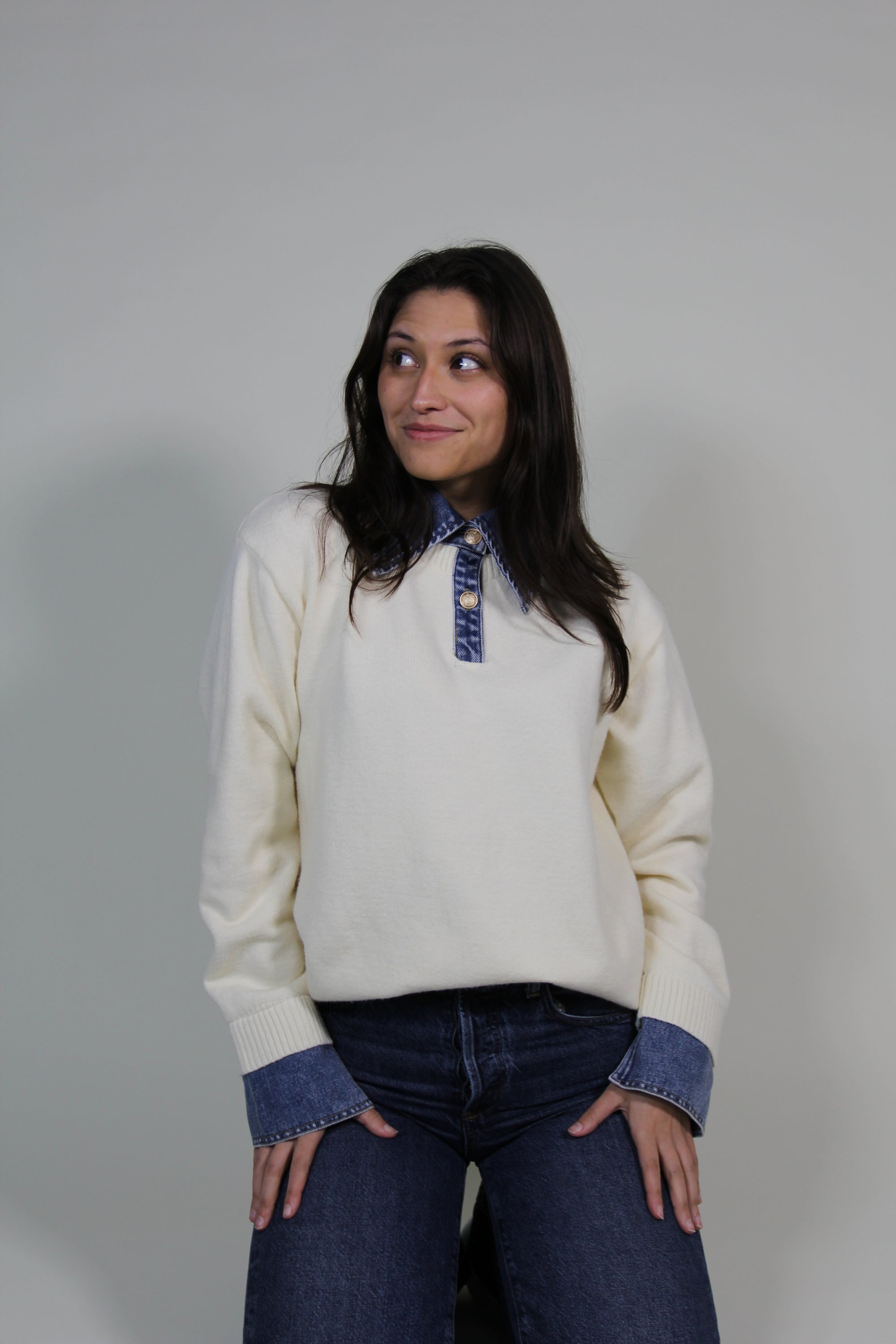 Denim Collar White Sweater