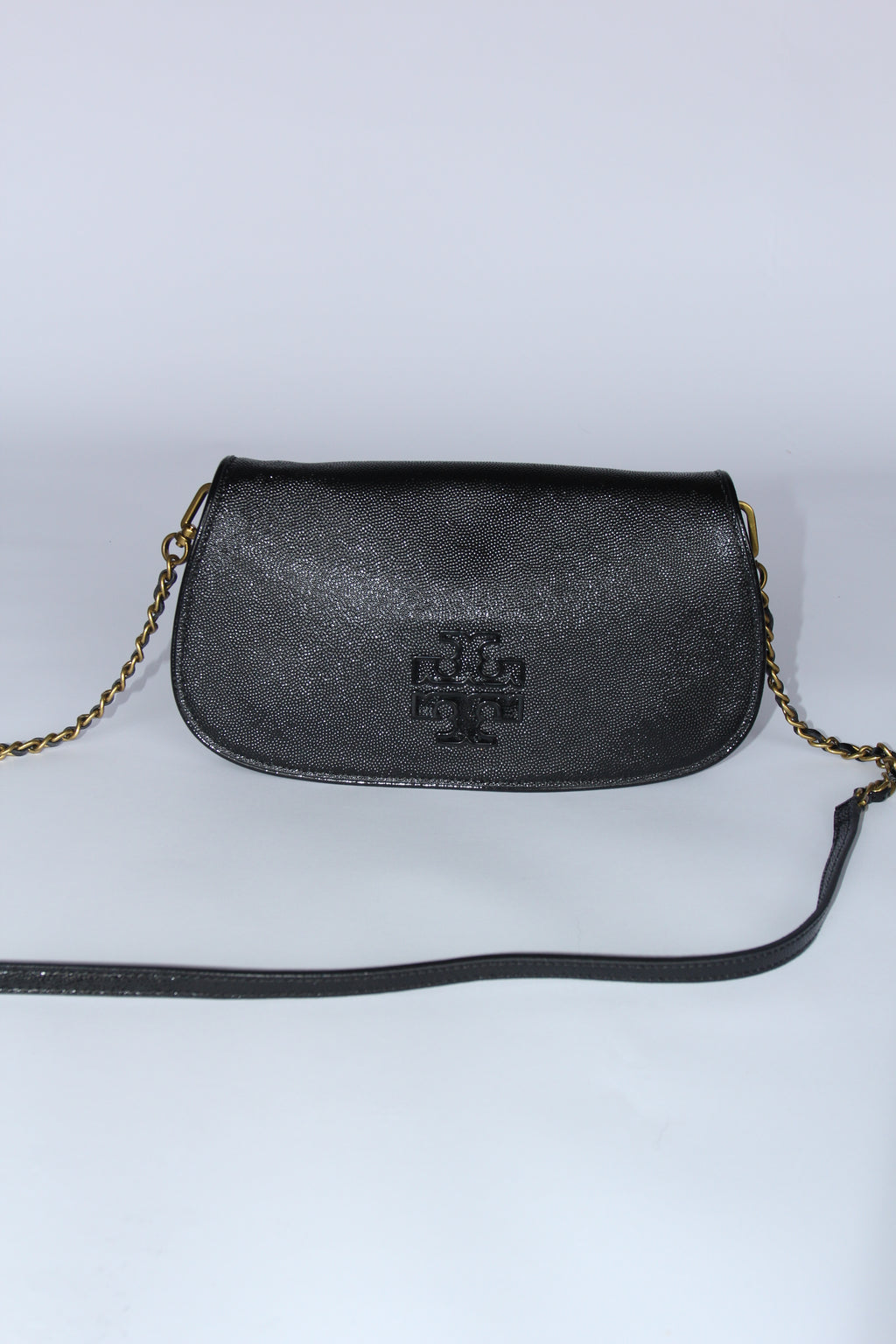 Tory Burch Britten mini black pebbled leather chain crossbody bag with gold hardware